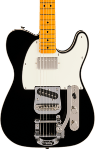 Black electric guitar with a white pickguard, chrome Bigsby tremolo system, two pickups, and a maple neck with black dot inlays.