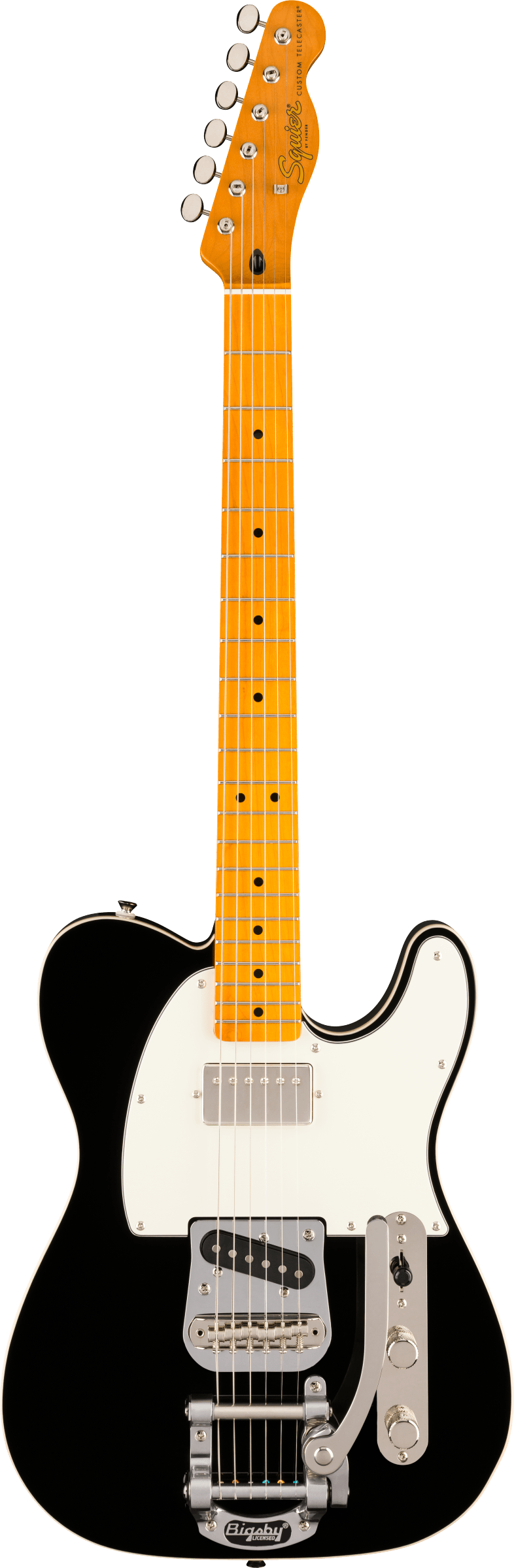 Guitare électrique noire à six cordes, pickguard blanc, manche érable brillant et vibrato métallique argenté type Bigsby sur le corps.