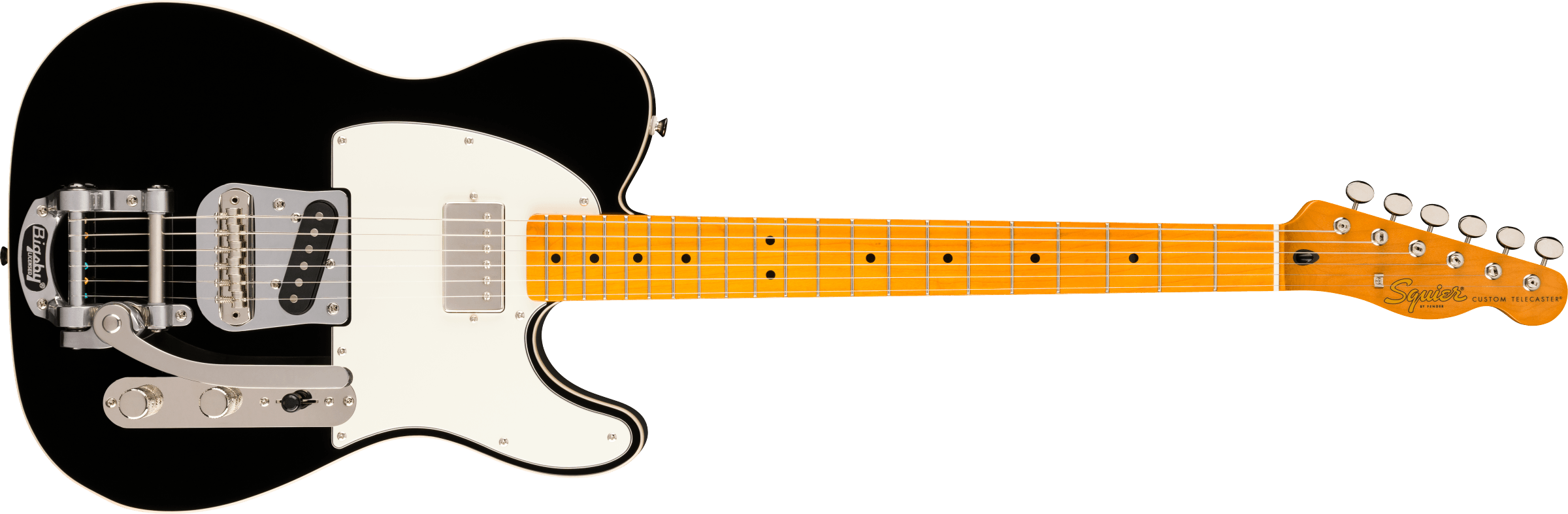 Guitare électrique noire type Telecaster avec plaque blanche, vibrato métallique, deux micros, manche érable, boutons chromés et touche érable.