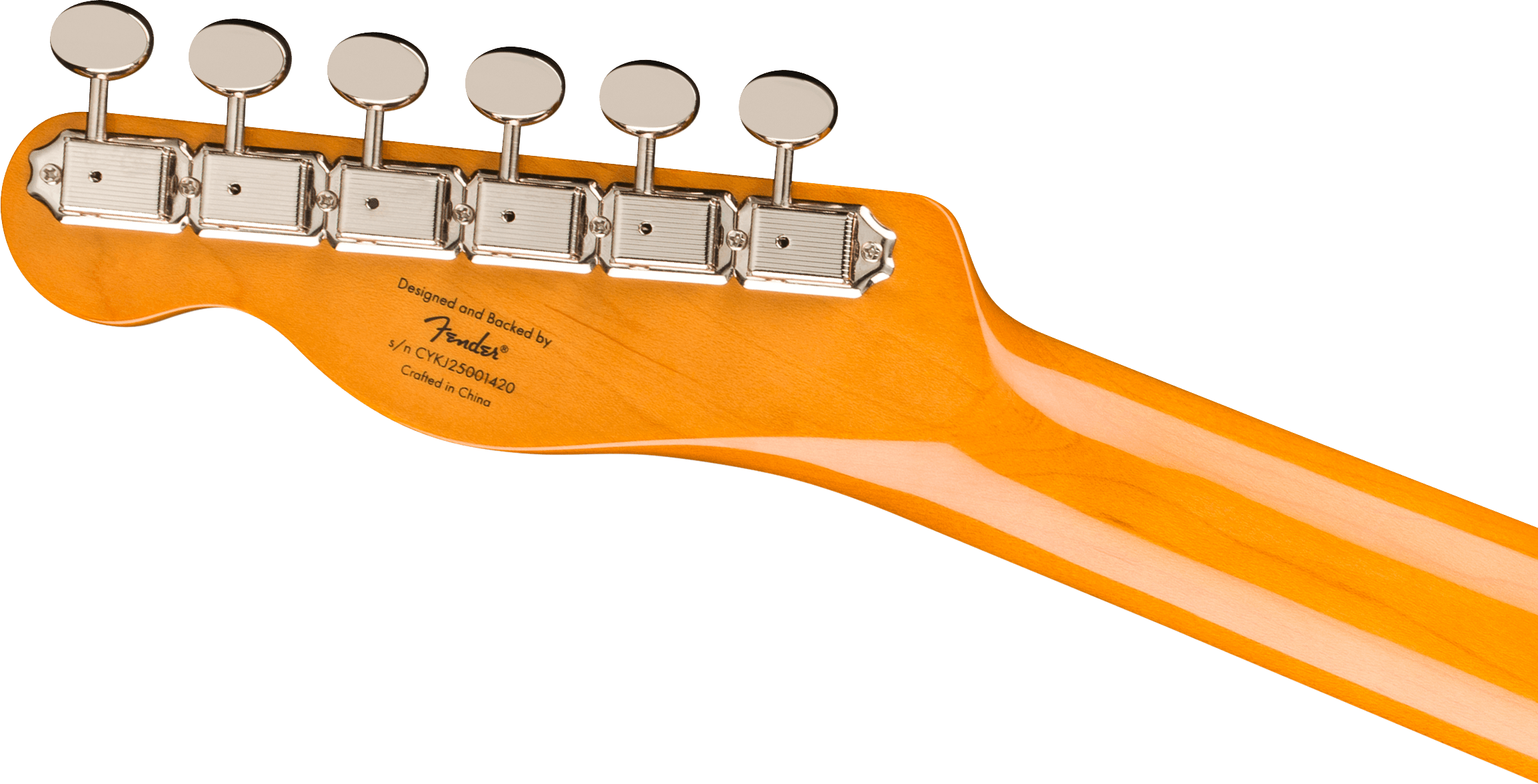 Tête de guitare électrique Fender avec six mécaniques chromées alignées et inscription « Crafted in China » sur bois vernis.