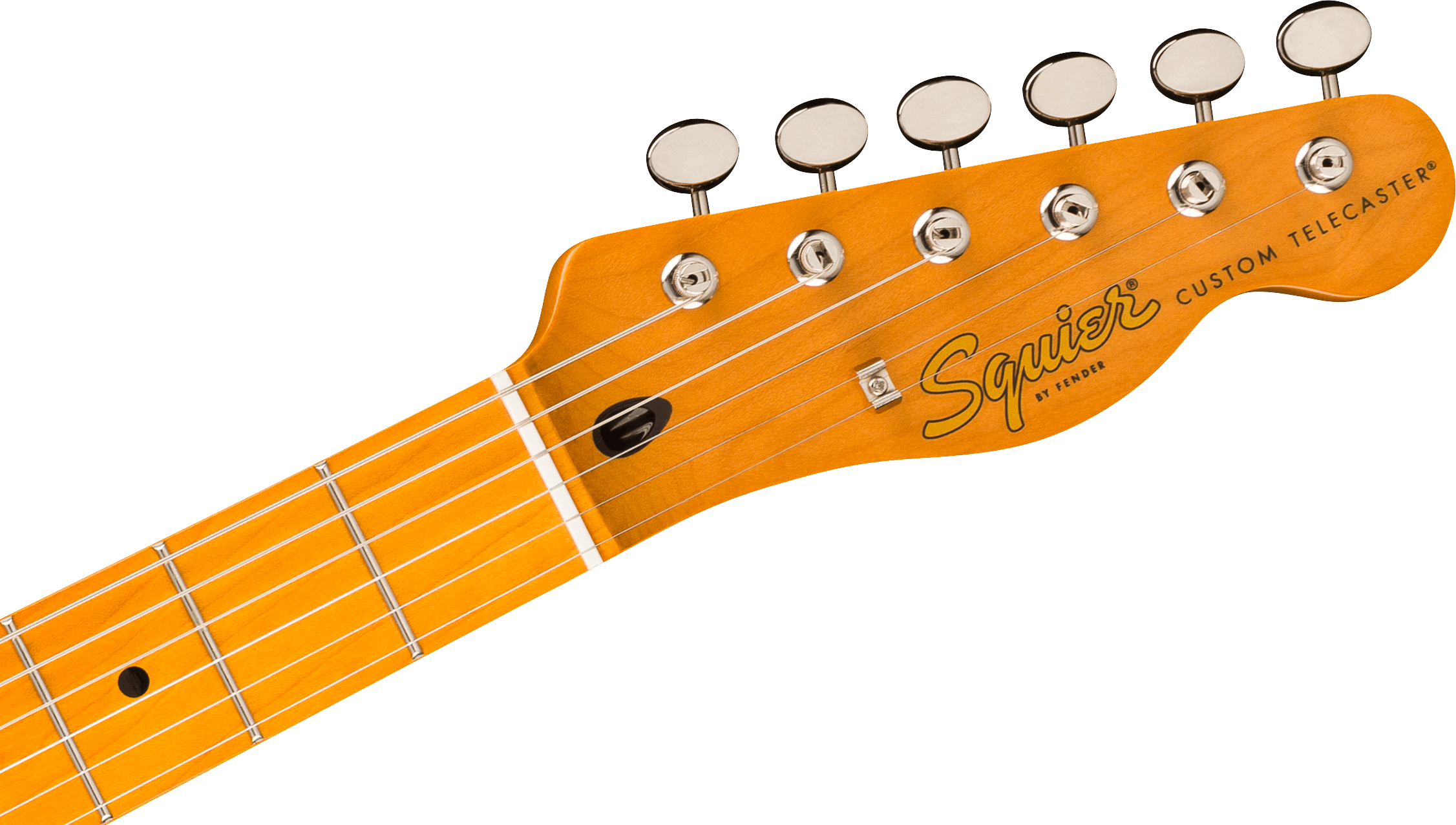 Tête de guitare électrique Squier Custom Telecaster en bois clair, six mécaniques chromées alignées et logo noir et doré.