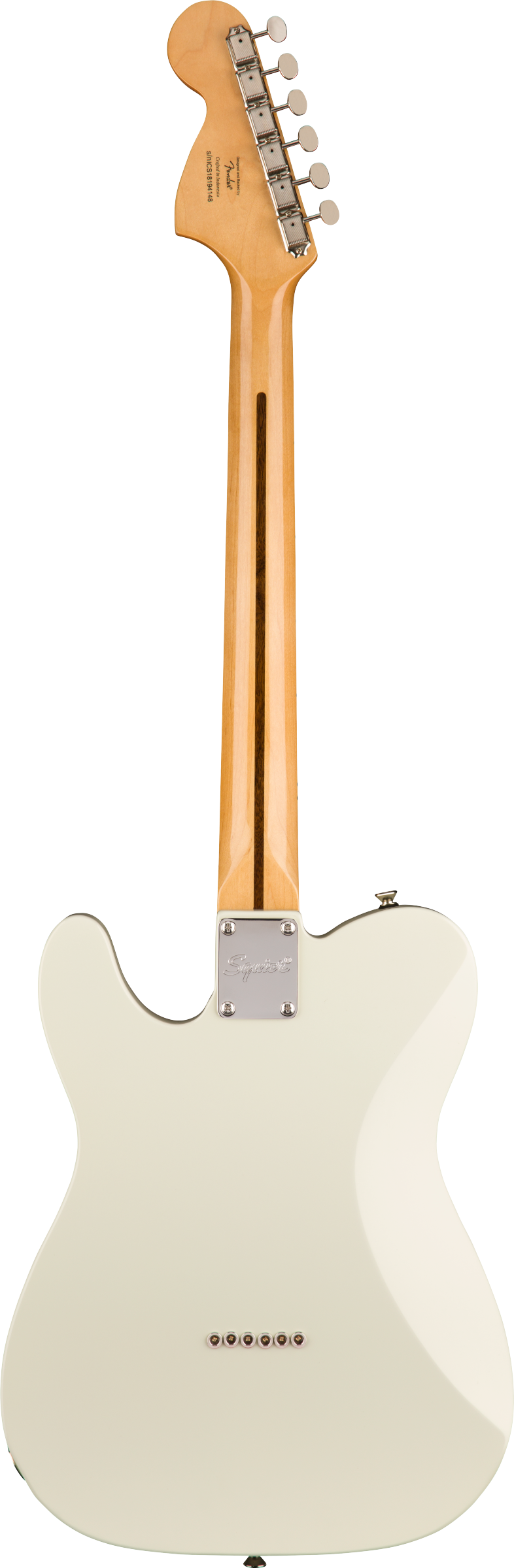 White electric guitar viewed from the back, with a natural wood neck, chrome tuning pegs, and six string ferrules in a row on the body.