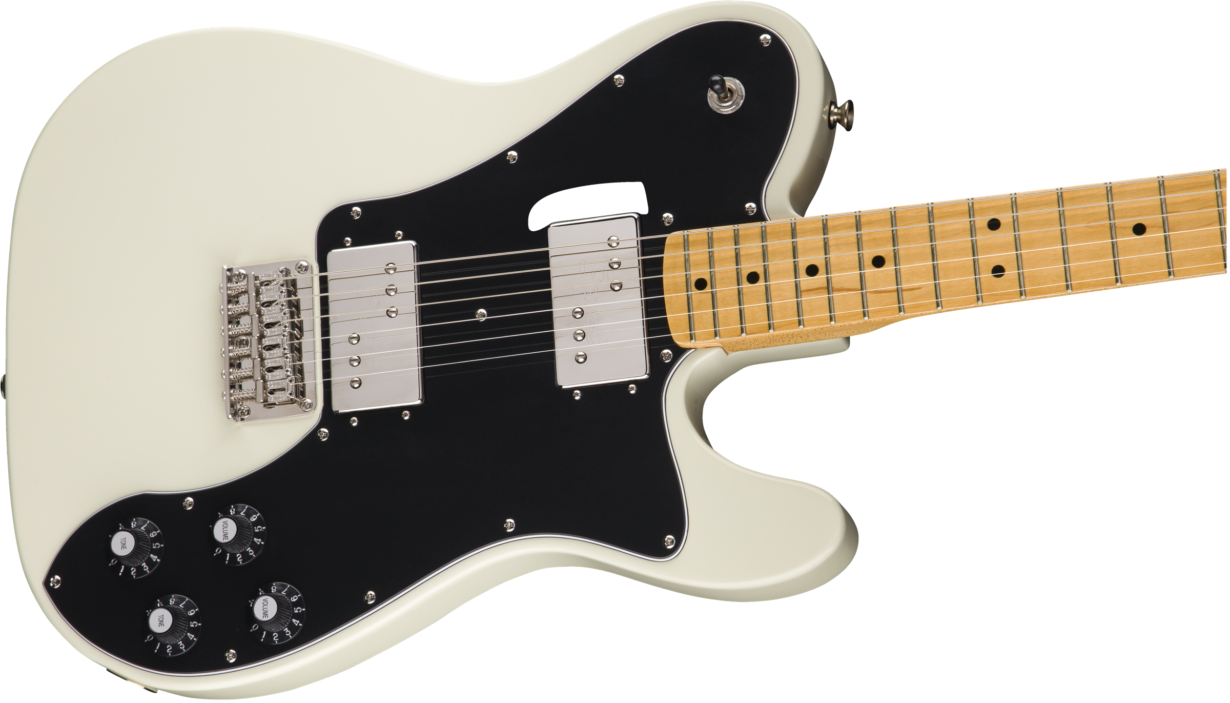 White electric guitar with a black pickguard, two chrome humbucker pickups, four black control knobs, and a maple neck with black dot inlays.