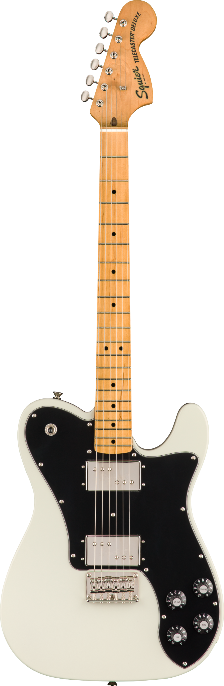 Squier Telecaster Deluxe electric guitar, white body, black pickguard, two silver humbucker pickups, maple neck, and four black control knobs.