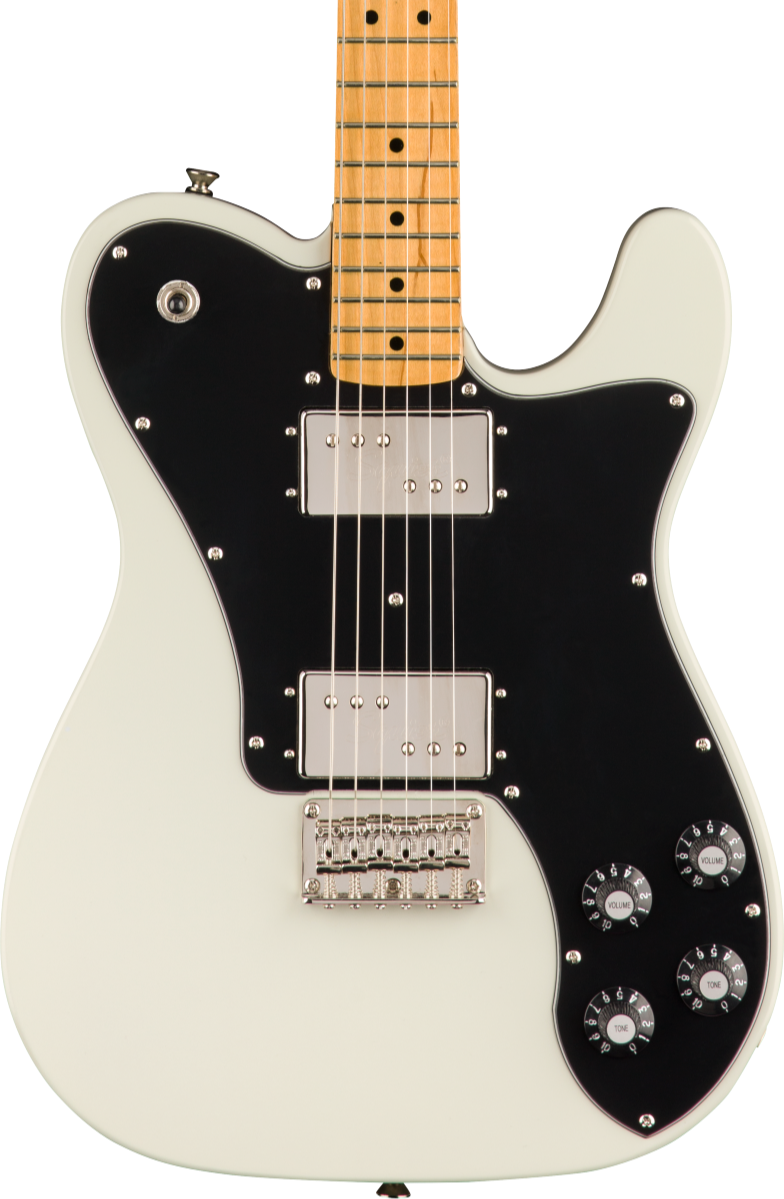 White electric guitar with a black pickguard, two chrome humbucker pickups, four black control knobs, and a maple neck with dot inlays.