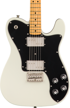 White electric guitar with a black pickguard, two chrome humbucker pickups, four black control knobs, and a maple neck with dot inlays.