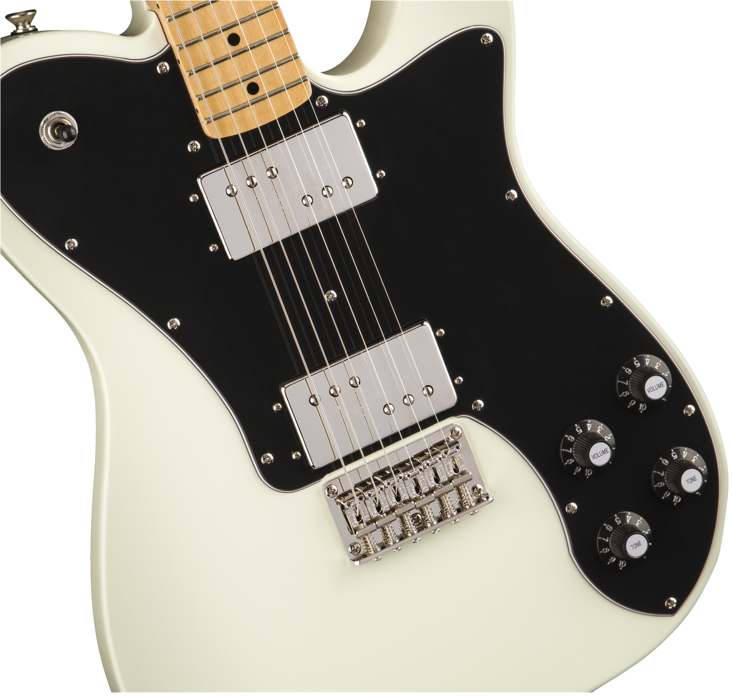 White electric guitar with a black pickguard, two silver pickups, four black control knobs, and a maple neck.
