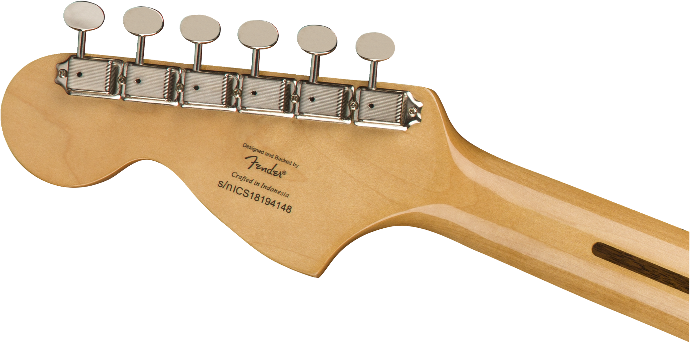 Six chrome tuning pegs on a light wood Fender electric guitar headstock, serial number and "Crafted in Indonesia" text visible on the back.