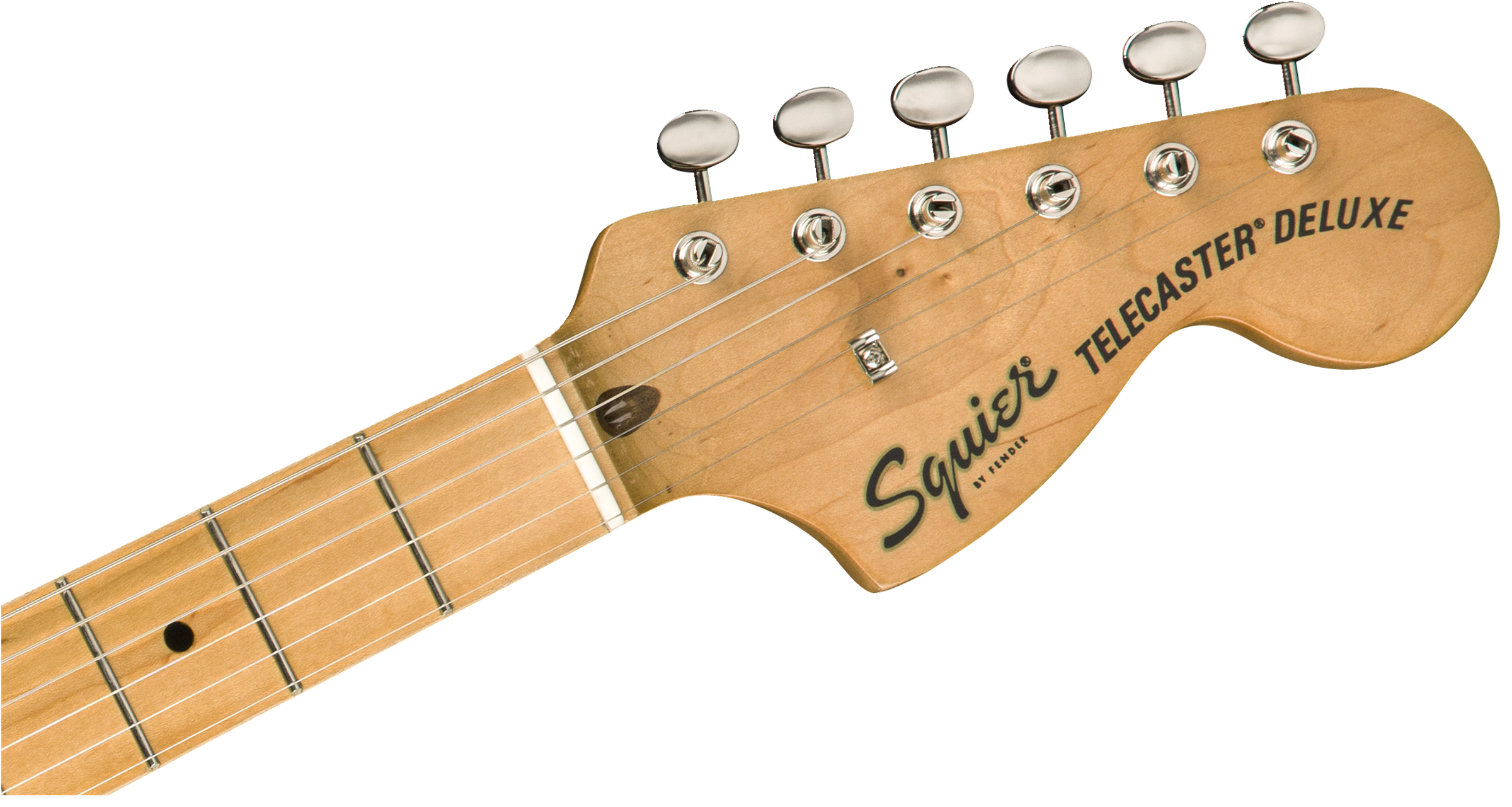 Headstock of a Squier Telecaster Deluxe electric guitar with six tuning pegs and maple wood finish, logo and model name printed in black.
