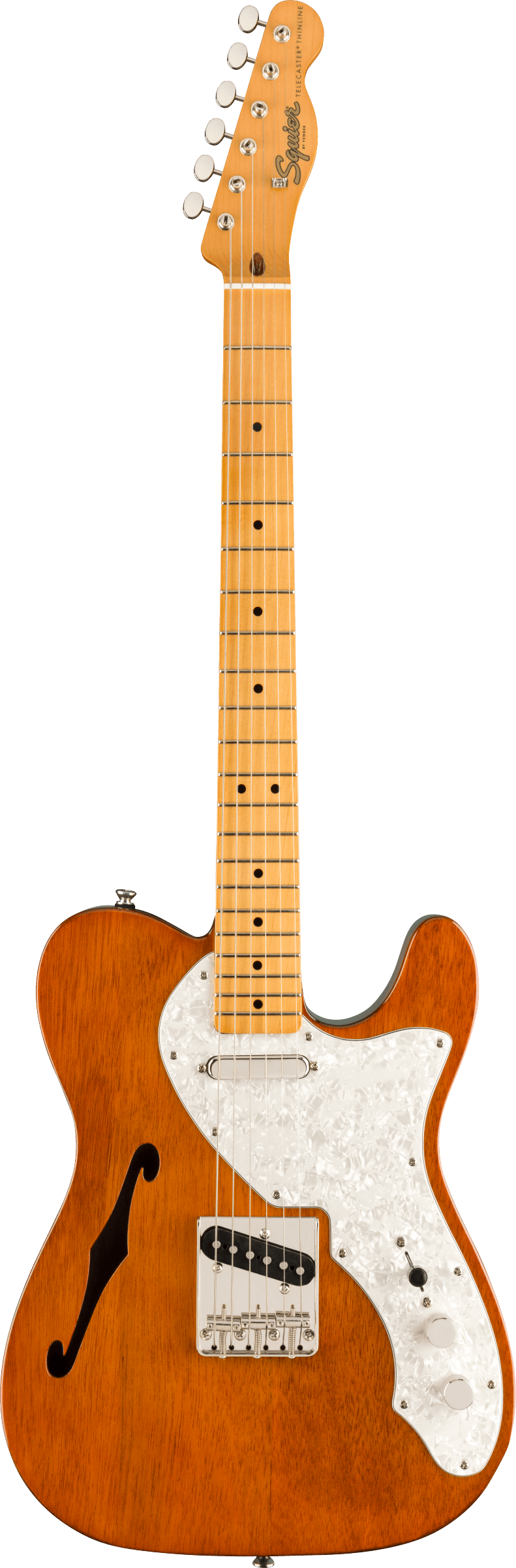 Squier electric guitar with a light brown wood body, white pearloid pickguard, f-hole on top left, and maple neck with black dot inlays.