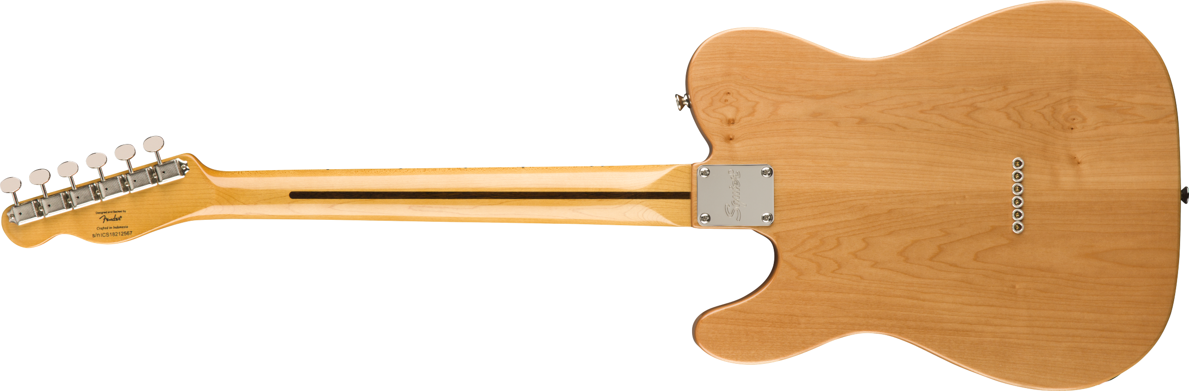 Natural wood finish electric guitar viewed from the back, showing six tuning pegs, bolt-on neck, and string ferrules in a vertical line on the body.