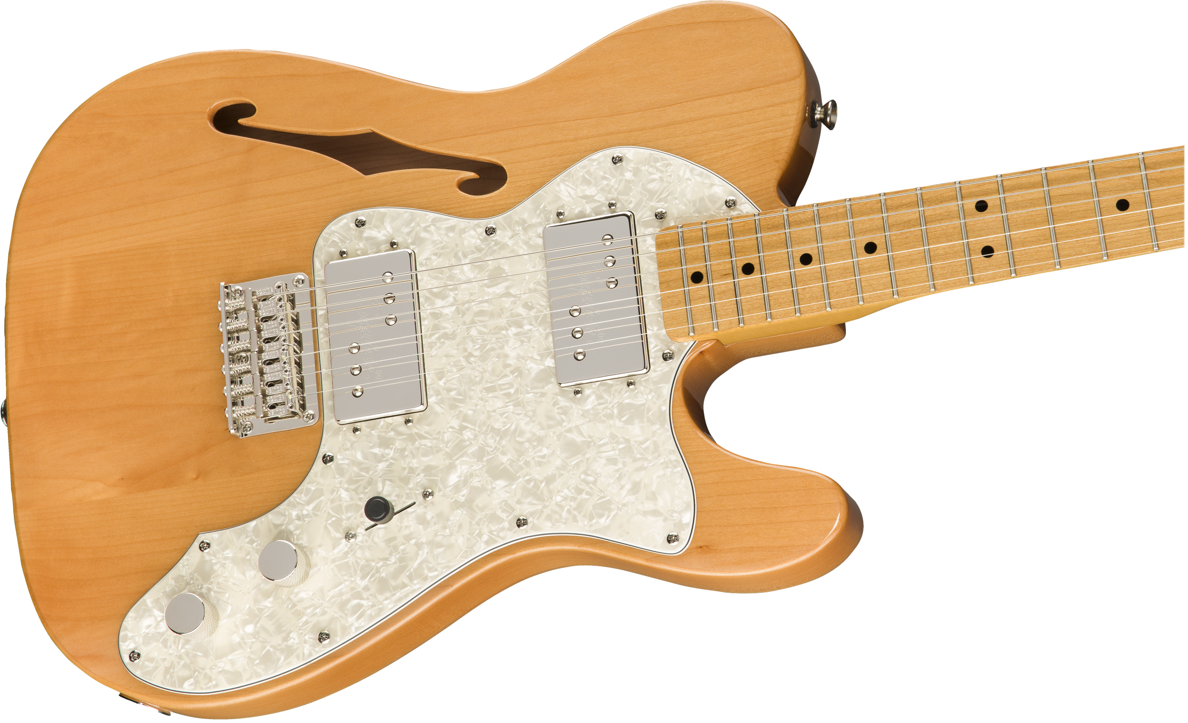 Natural wood electric guitar with a single f-hole, two silver humbucker pickups, pearloid pickguard, three knobs, and a maple neck.