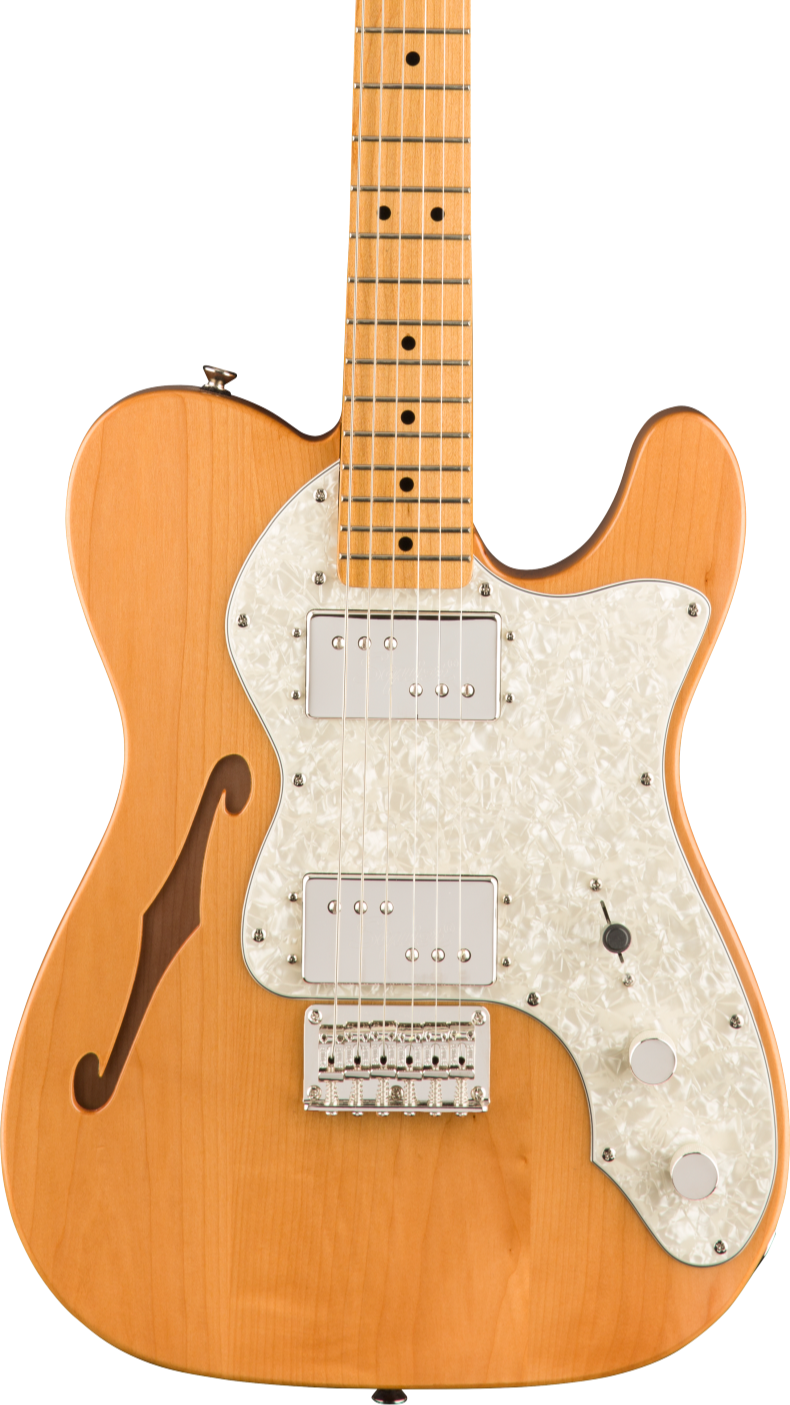 Natural wood finish electric guitar with a single f-shaped sound hole, two silver pickups, and a white pearloid pickguard.