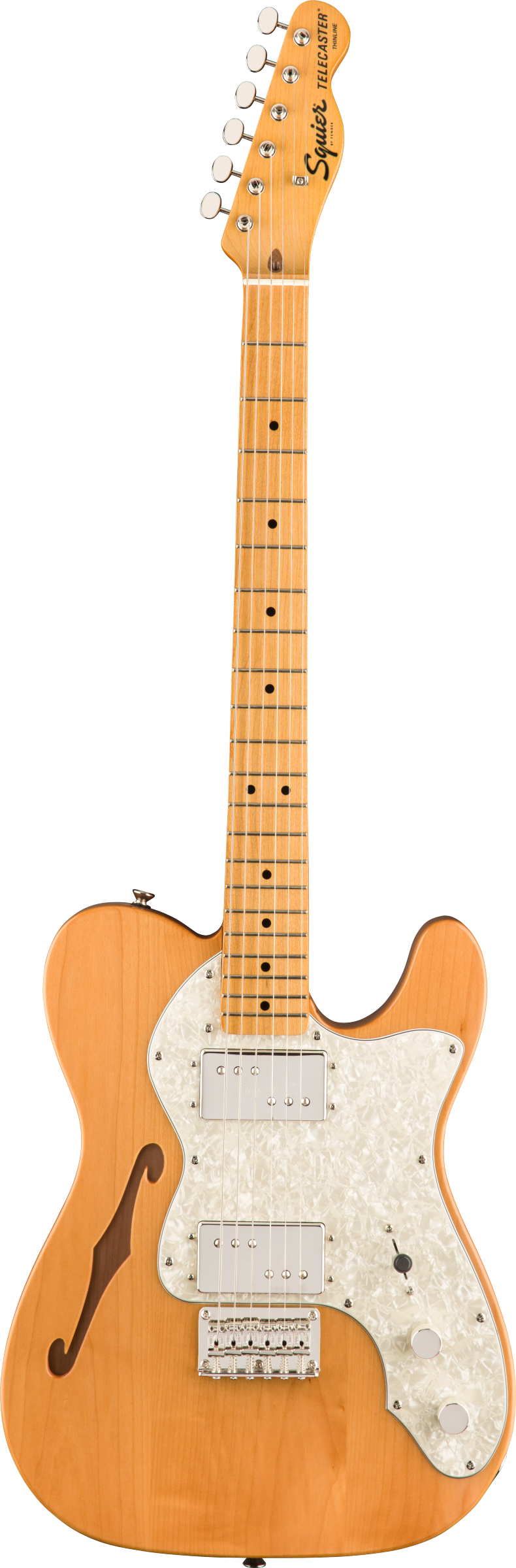 Natural wood finish semi-hollow electric guitar with white pearloid pickguard, two chrome humbucker pickups, and an f-shaped sound hole on the body.