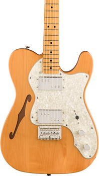 Natural wood finish electric guitar with a single f-shaped sound hole, two silver pickups, and a white pearloid pickguard.