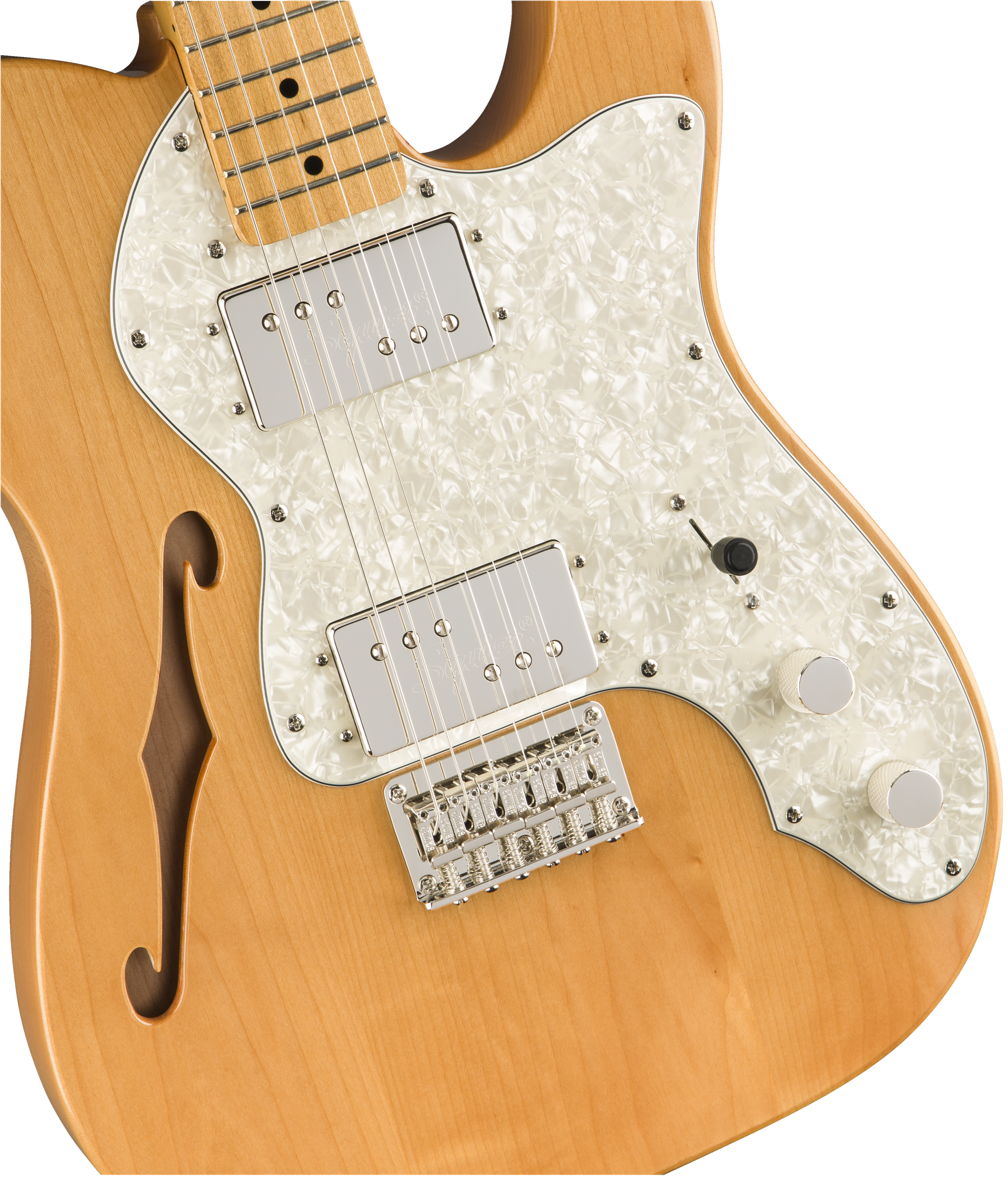 Natural wood electric guitar with white pearloid pickguard, two chrome pickups, F-hole, two control knobs, and a six-saddle bridge.
