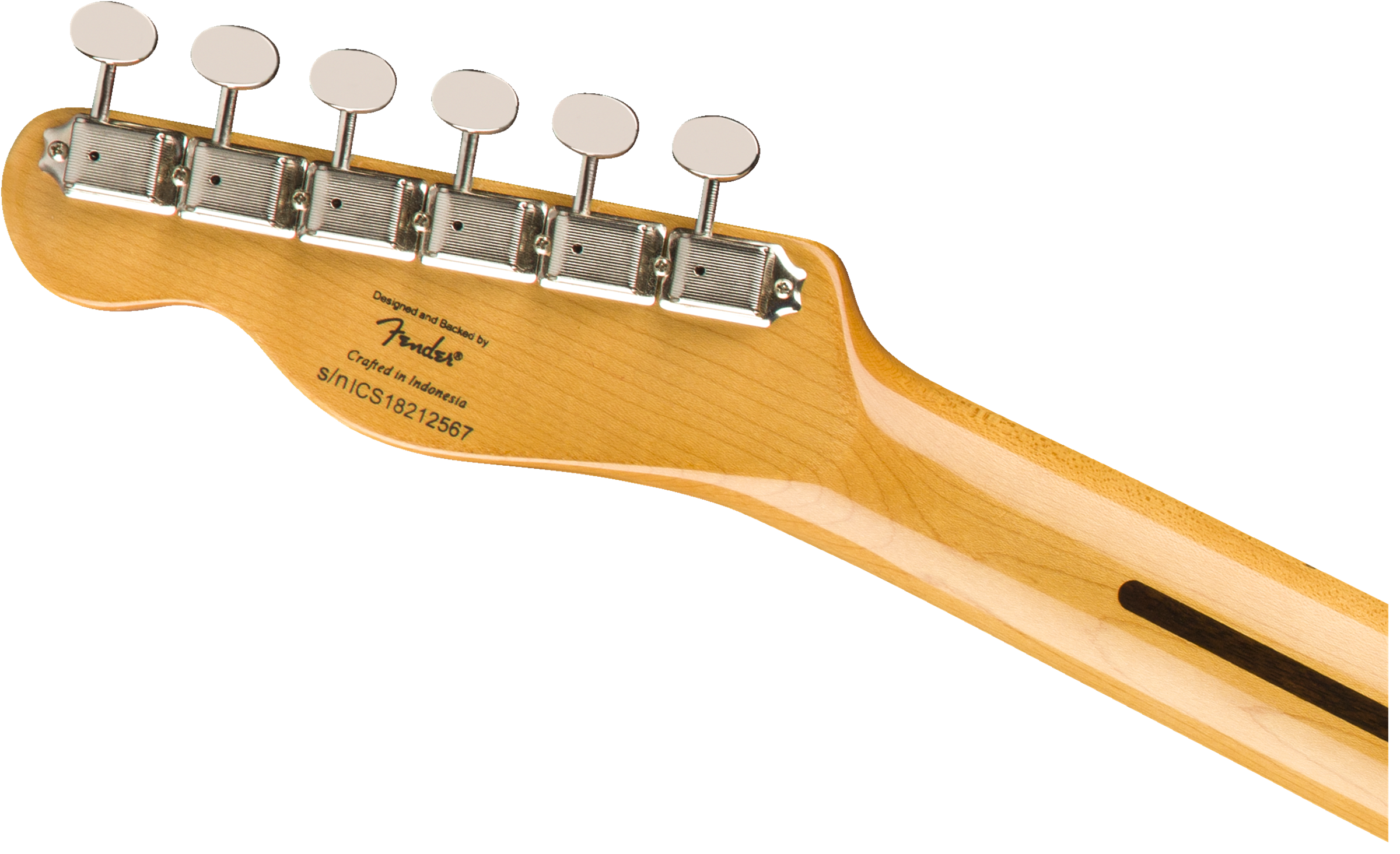 Six metal tuning pegs on the headstock of a Fender electric guitar, light wood finish with serial number and crafted in Indonesia label visible.