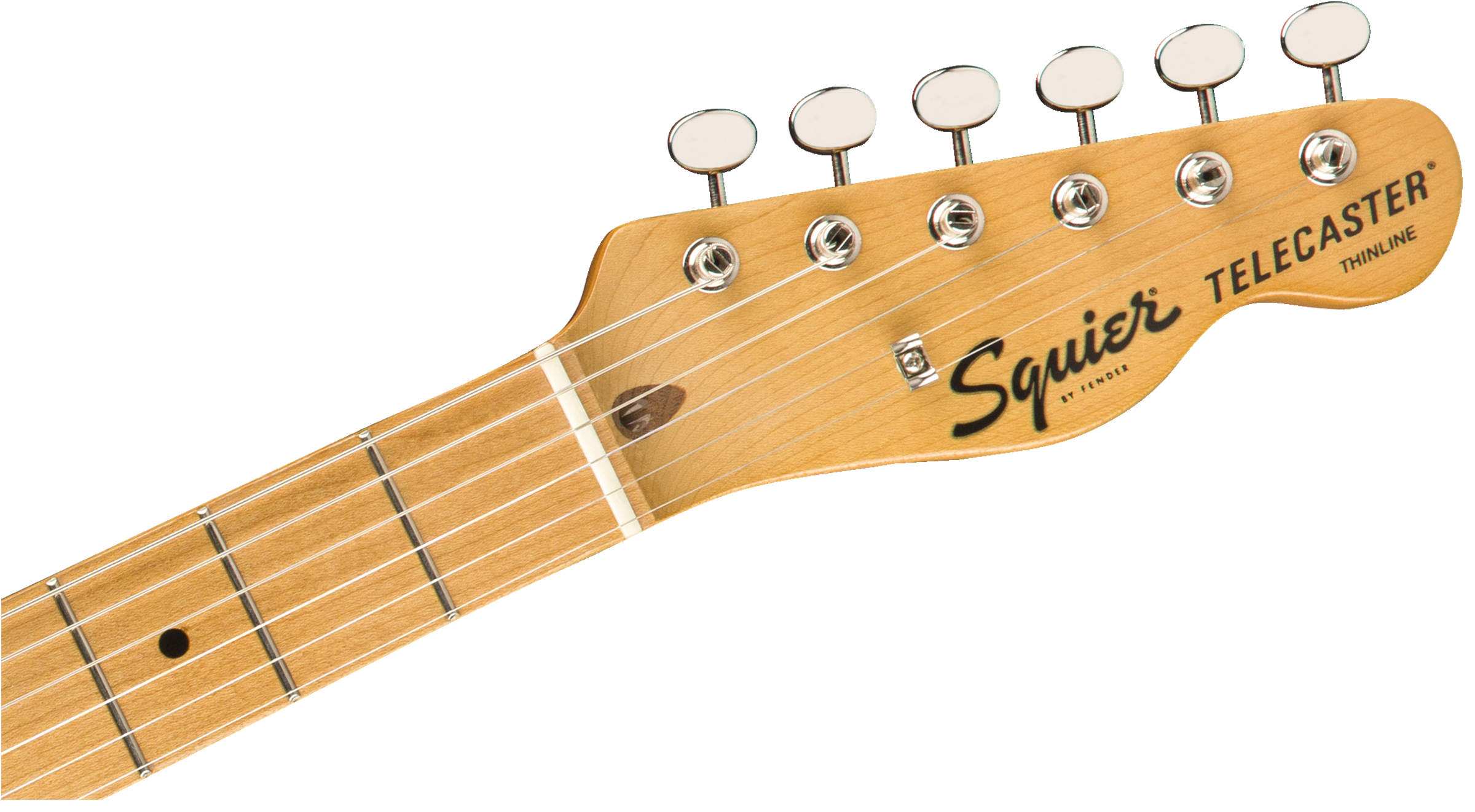 Natural wood headstock and fretboard of a Squier Telecaster electric guitar, six tuning pegs, black logo, and fret markers visible.