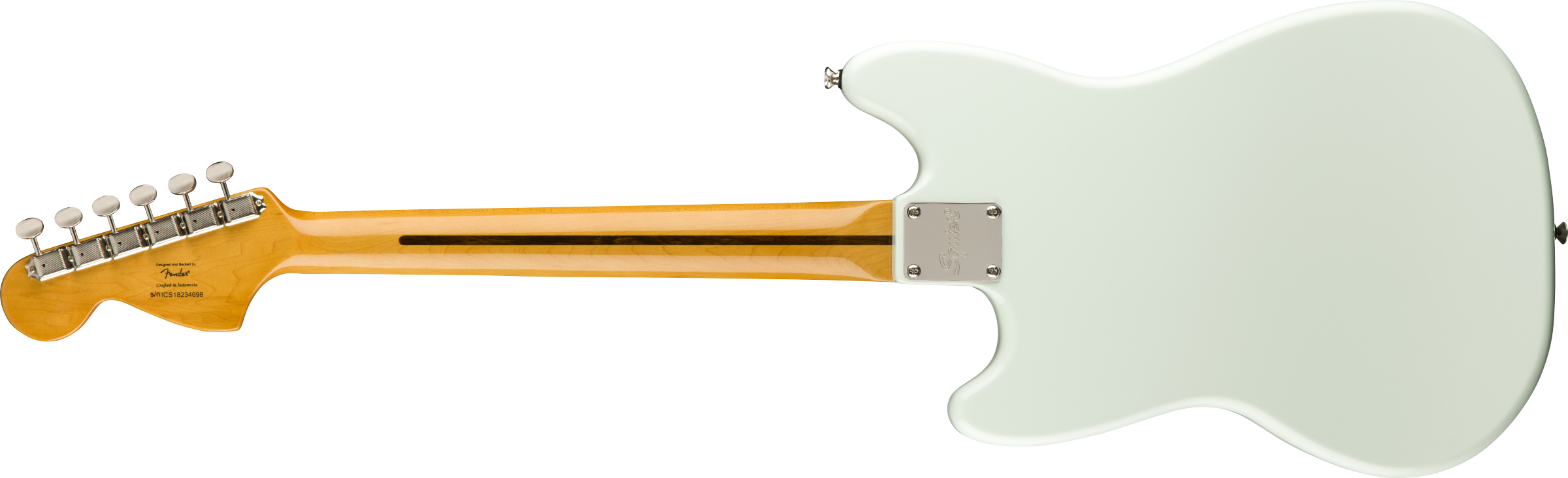 Electric guitar rear view showing a light blue contoured body, natural wood neck with dark stripe, and six tuners on the headstock.