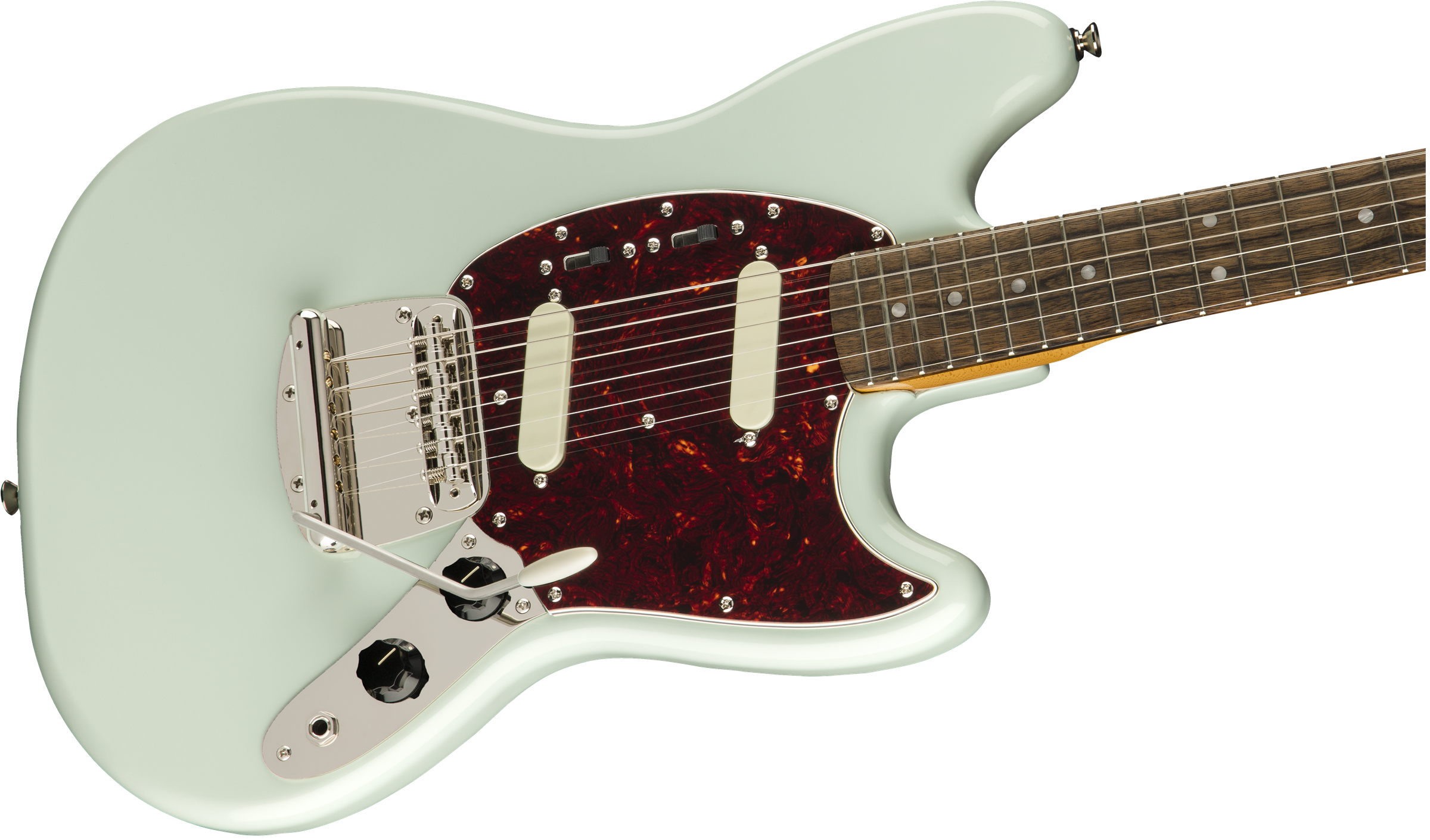 Electric guitar with a pale green body, dark red pickguard, two cream pickups, chrome bridge, and a dark wood fretboard with dot inlays.