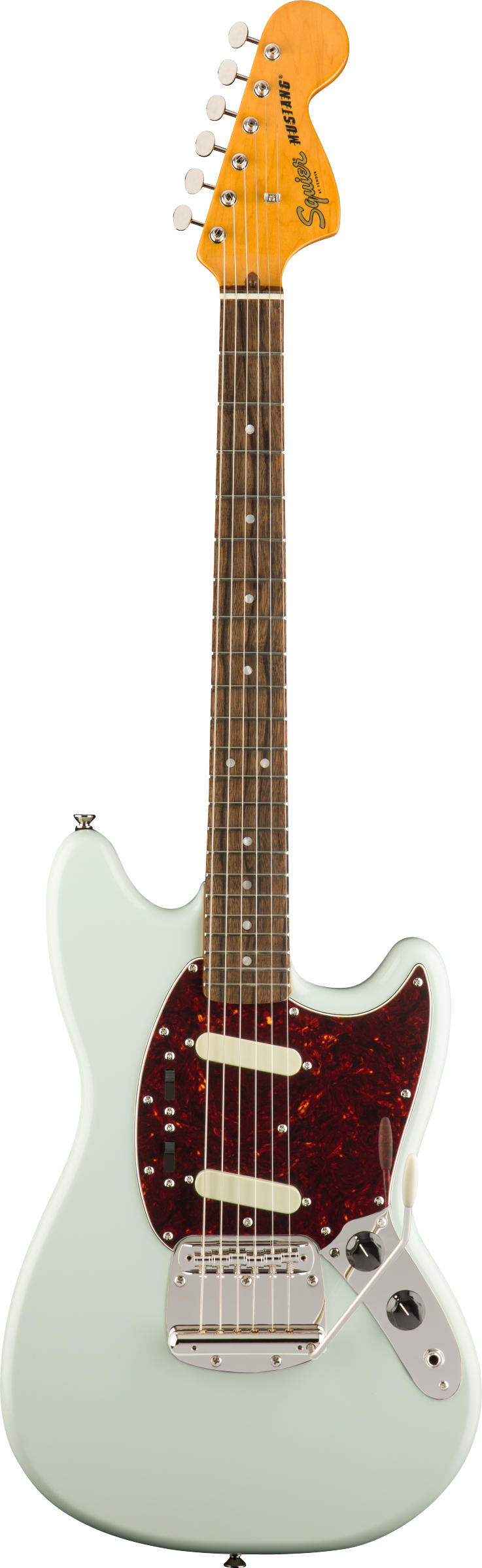 Solid-body electric guitar with a light blue finish, brown pickguard, two cream pickups, chrome bridge, and a maple neck with dot inlays.