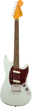 Solid-body electric guitar with a light blue finish, brown pickguard, two cream pickups, chrome bridge, and a maple neck with dot inlays.