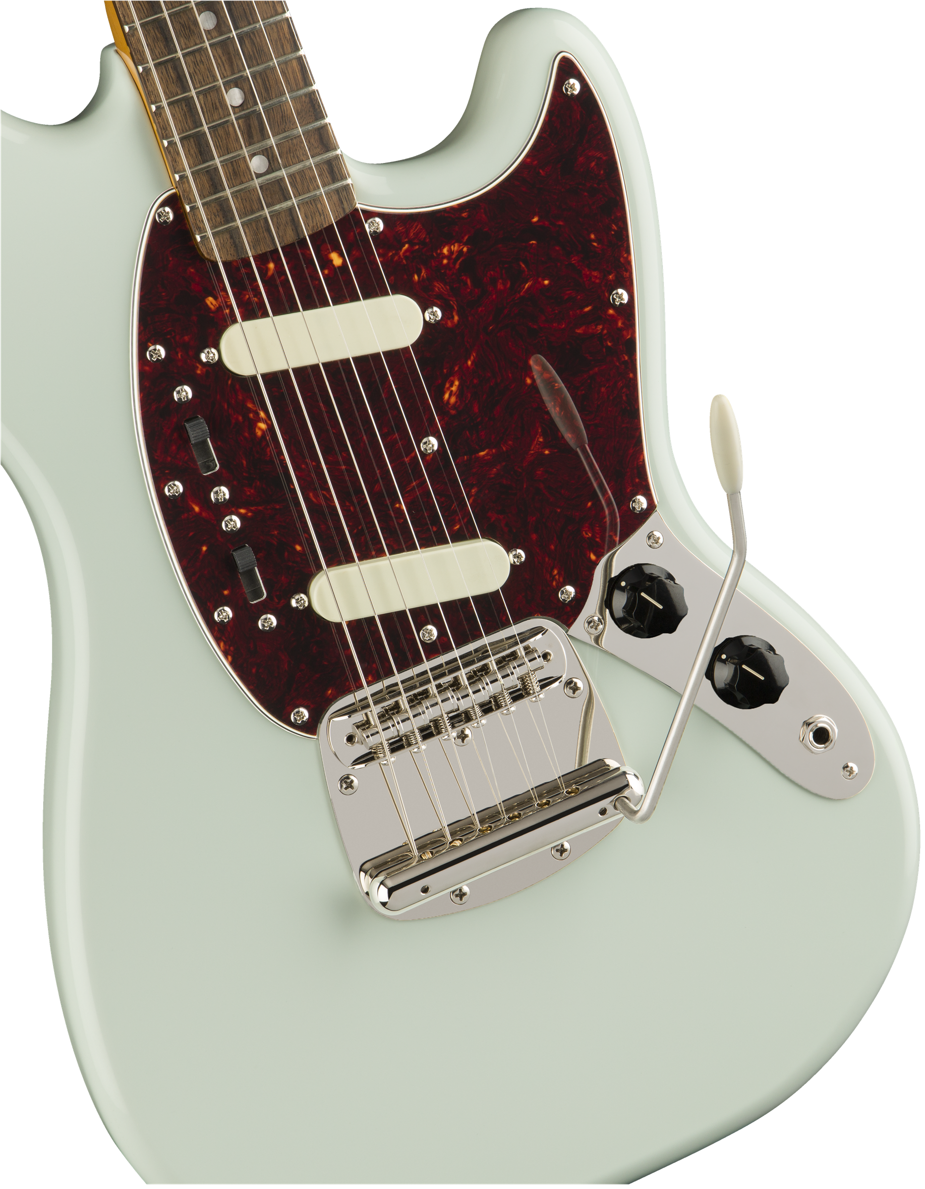 Light green electric guitar with dark red pickguard, two cream pickups, chrome bridge, tremolo arm, and two black control knobs.