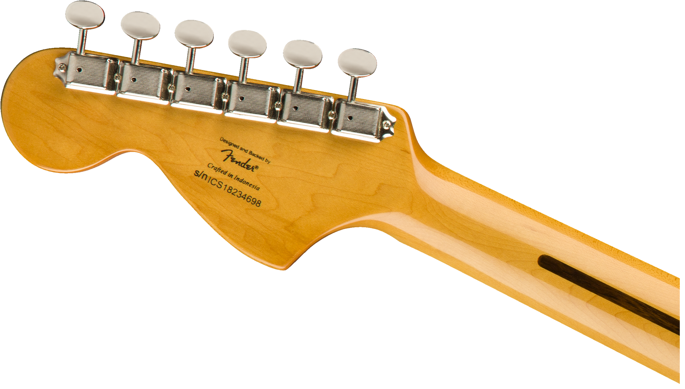 Back of a Fender electric guitar headstock and neck with six tuning pegs, natural wood finish, and serial number visible.