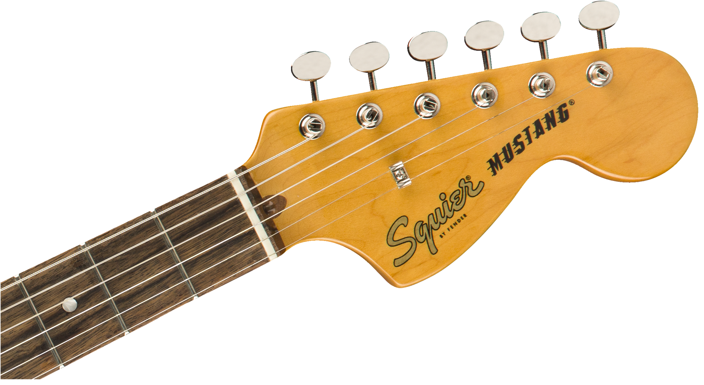 Light wood electric guitar headstock with six chrome tuning pegs; “Squier Mustang” logo is printed on the headstock.
