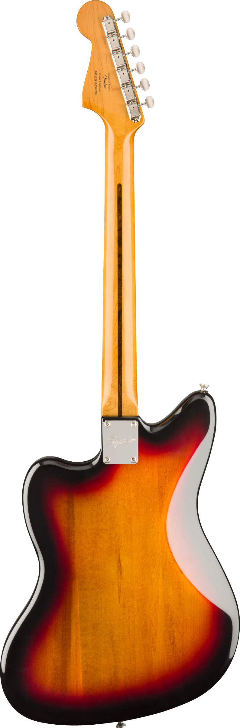 Electric guitar shown from the back, with a glossy sunburst finish and a light wood neck featuring six tuning pegs in a row.