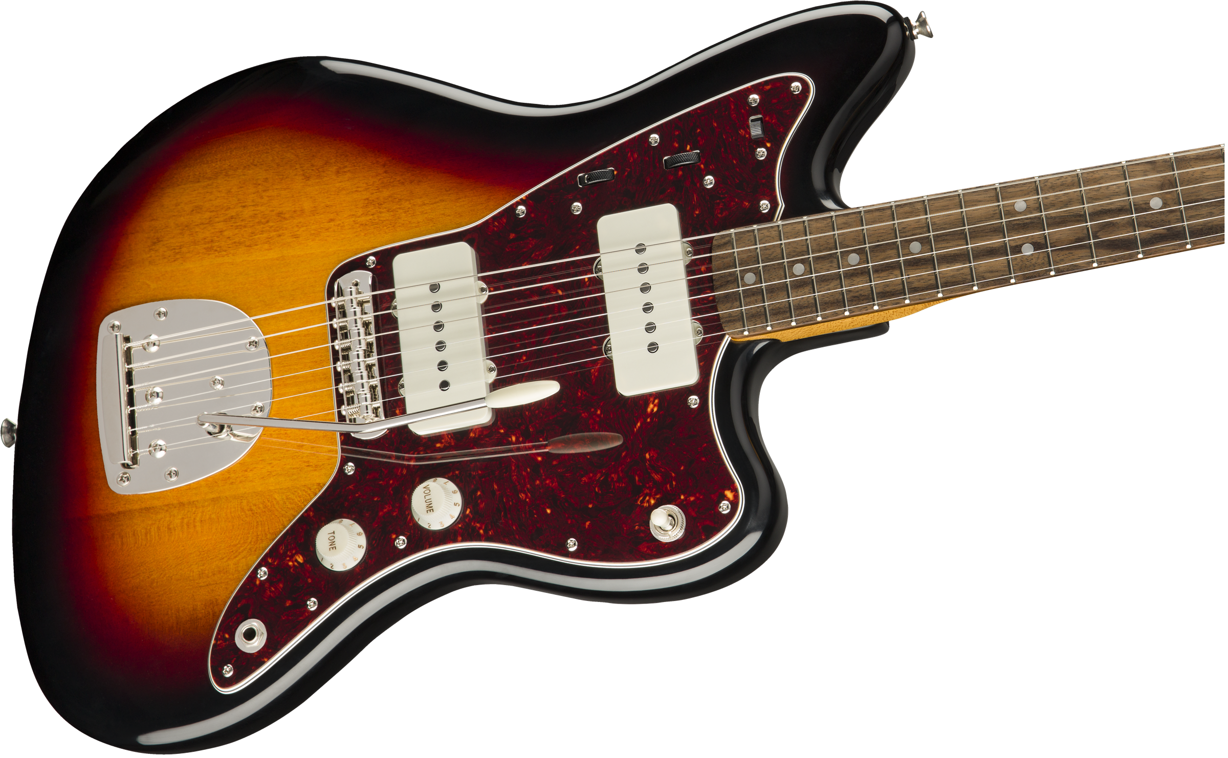 Sunburst electric guitar with white pickups, dark pickguard, metal bridge, whammy bar, and a rosewood fretboard featuring dot inlays.