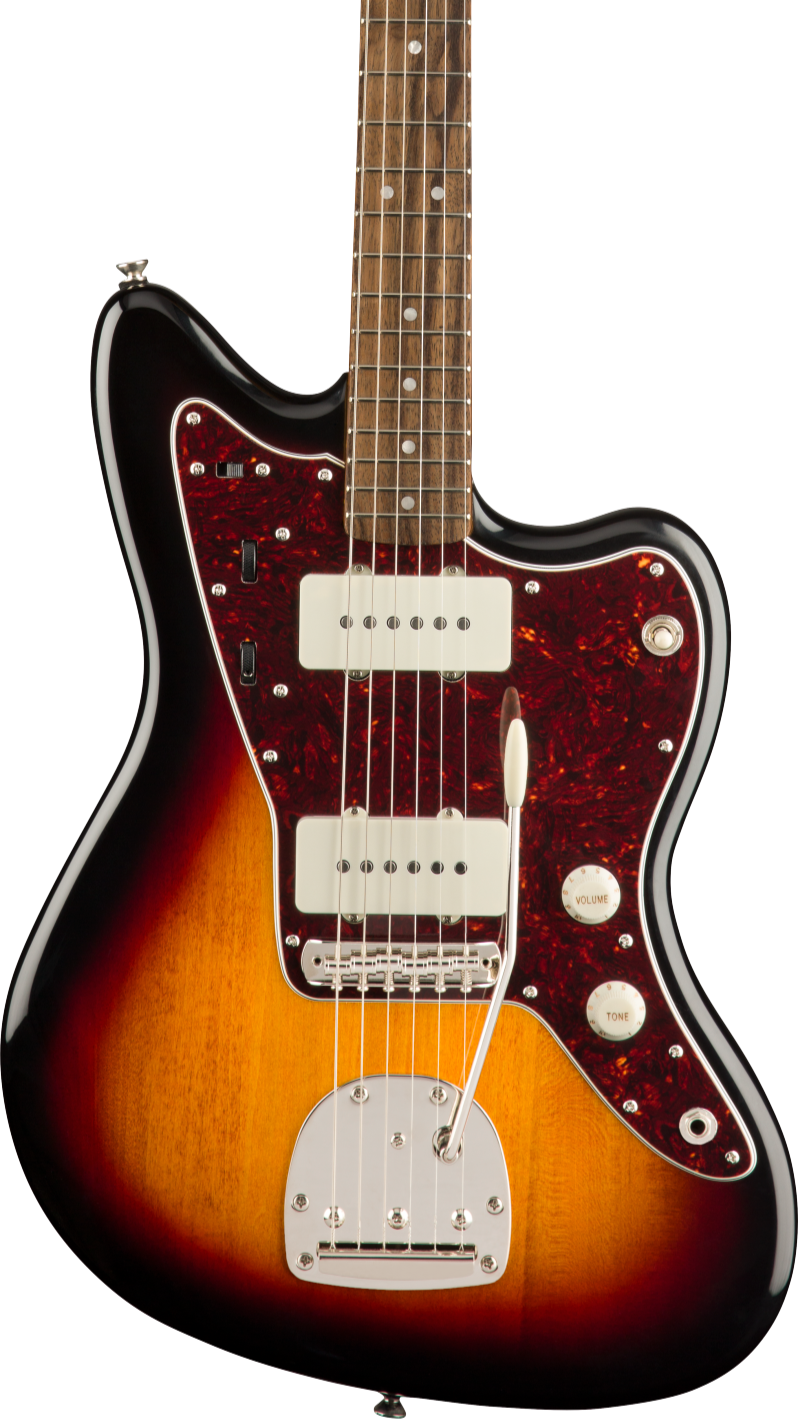 Sunburst electric guitar with a tortoiseshell pickguard, two white pickups, chrome bridge, volume and tone knobs, and a whammy bar.