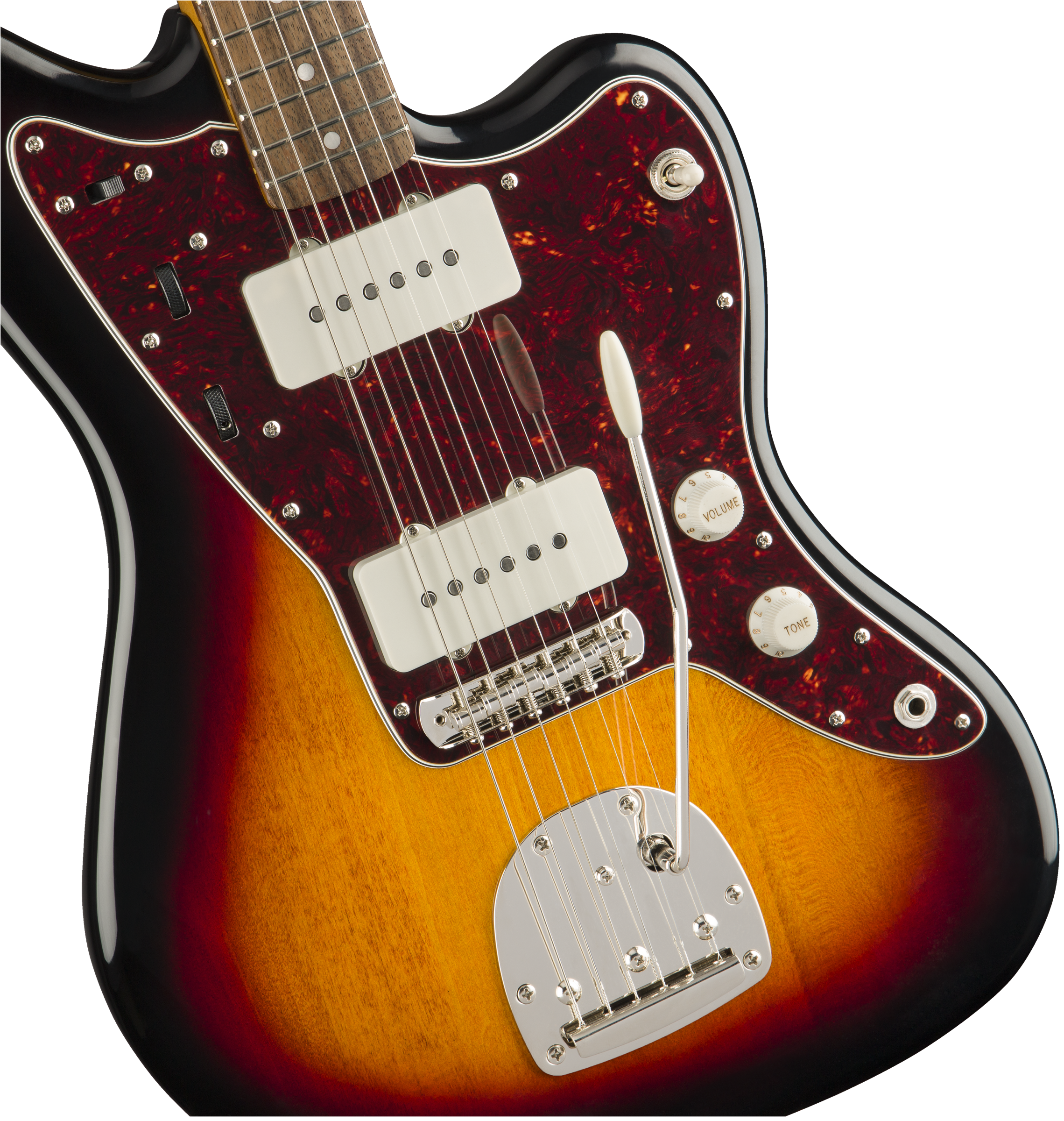 Sunburst electric guitar with a tortoiseshell pickguard, two white rectangular pickups, chrome bridge, whammy bar, and volume and tone knobs.