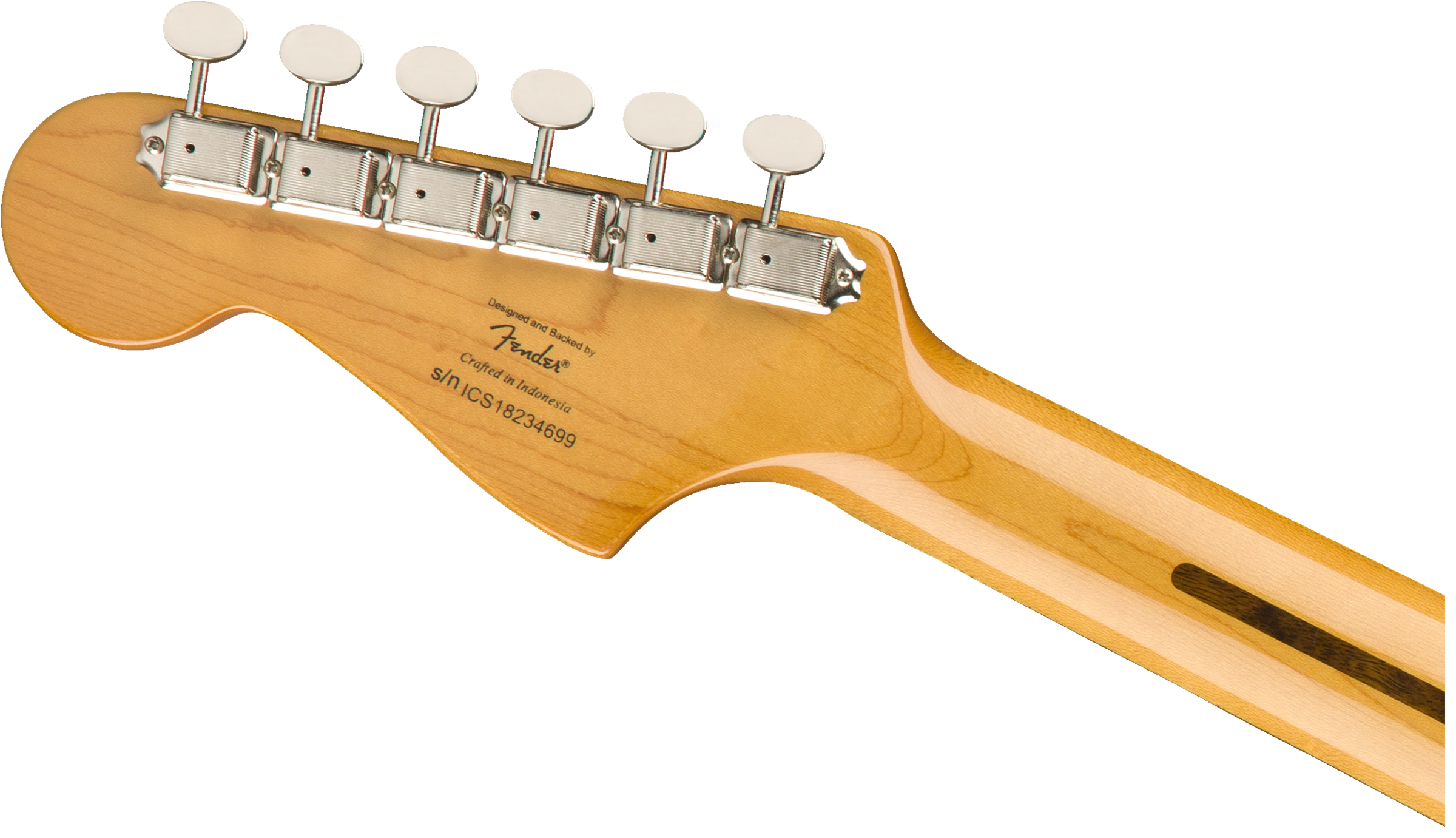 Light wood electric guitar headstock with six metal tuning pegs and Fender branding, showing part of the neck and serial number.