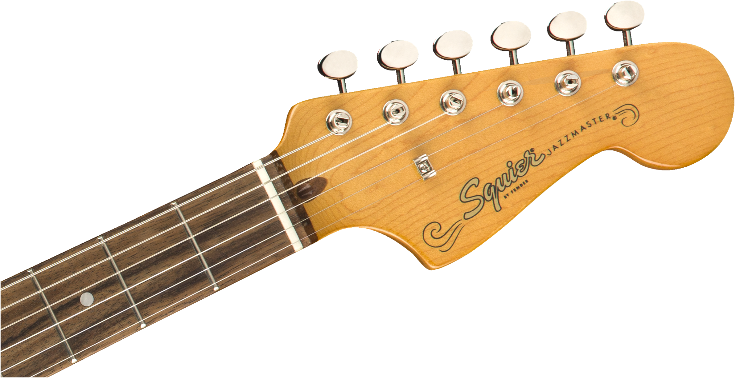 Squier Jazzmaster electric guitar headstock with six tuning pegs, maple wood finish, and dark rosewood fretboard with dot inlays.