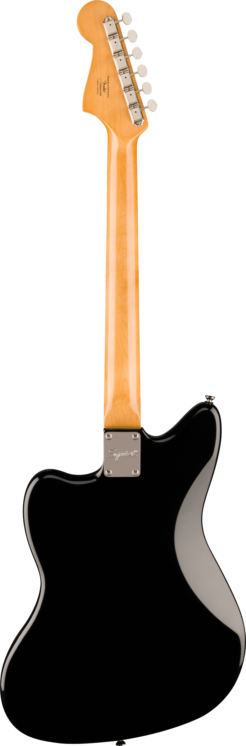 Electric guitar viewed from the back, showing a glossy black contoured body and a natural maple neck with six tuning pegs and metal neck plate.