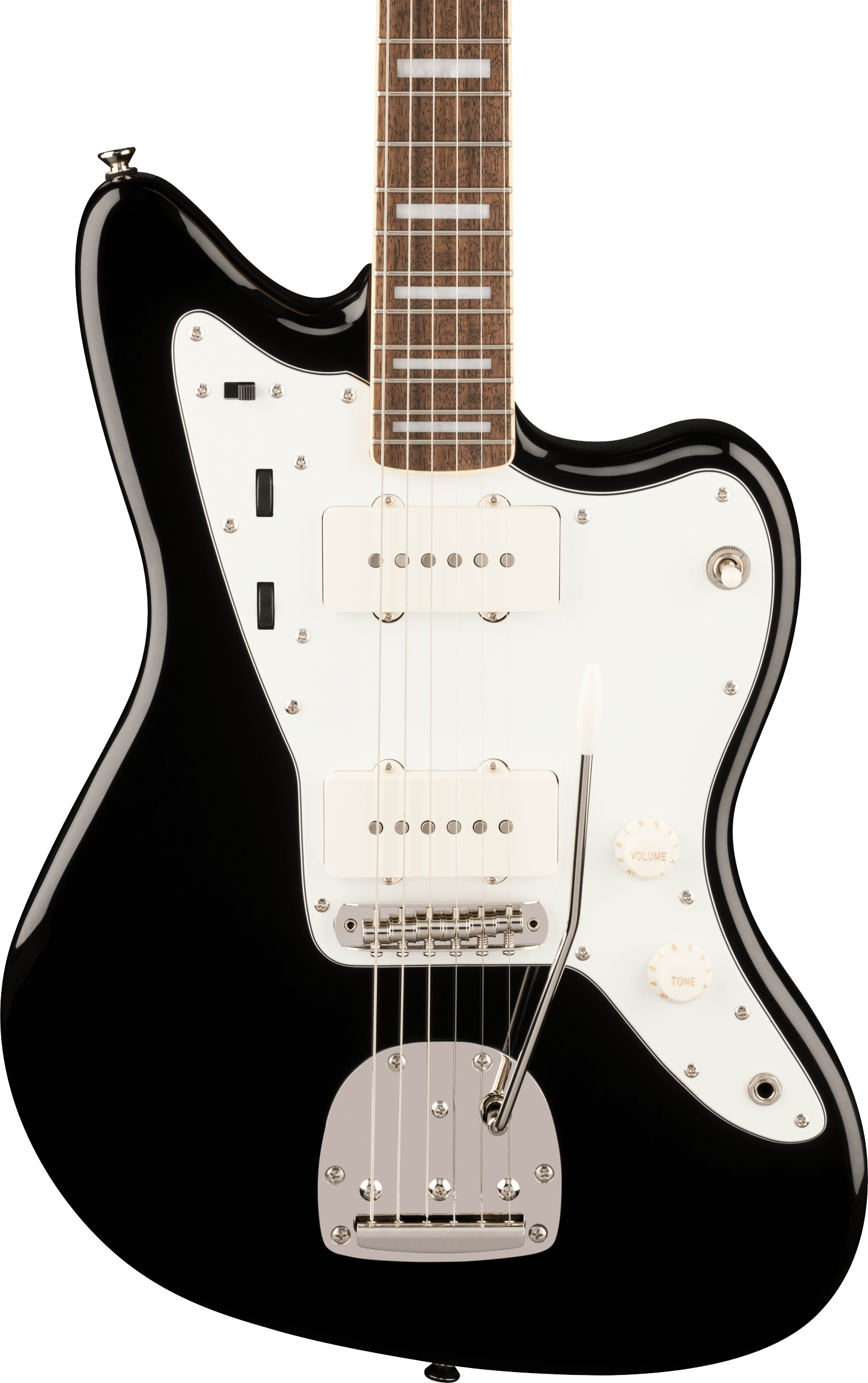 Black electric guitar with a white pickguard, two single-coil pickups, chrome bridge, white control knobs, and a tremolo arm.