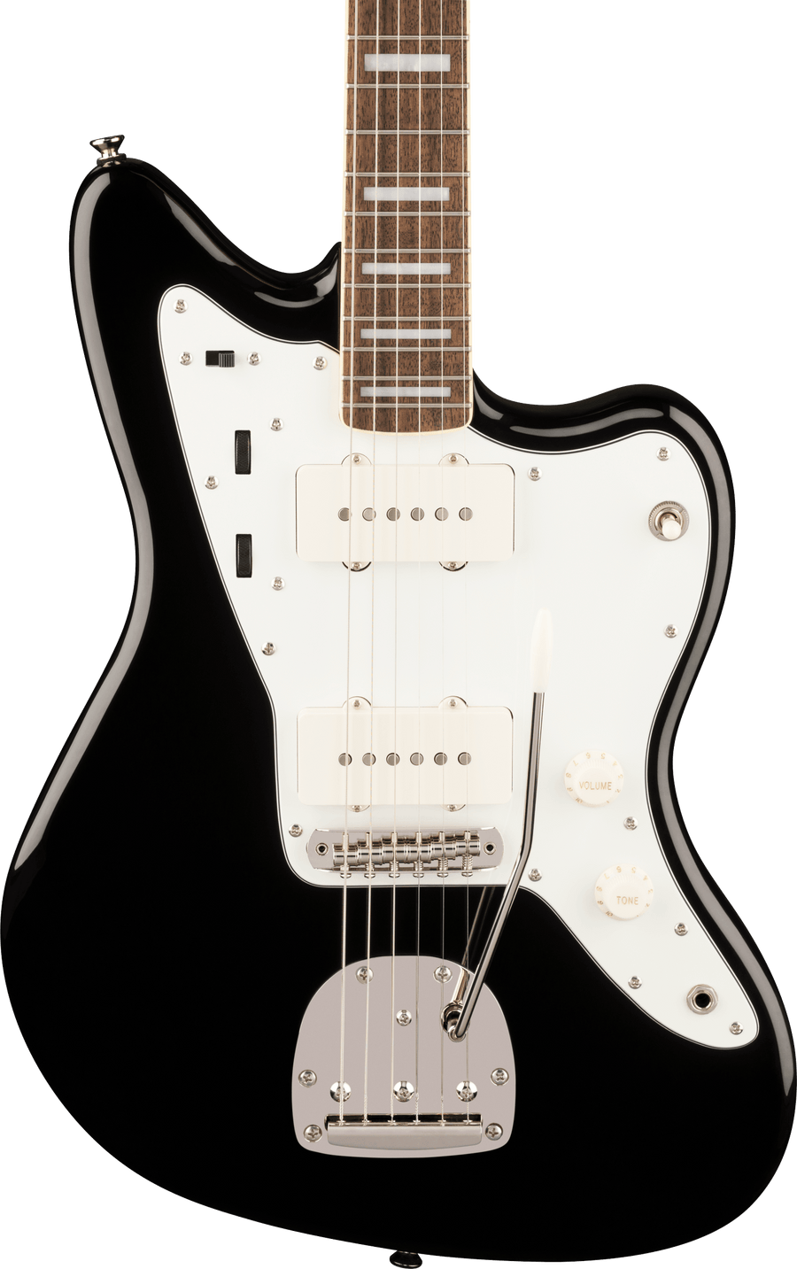 Black electric guitar with a white pickguard, two single-coil pickups, chrome bridge, white control knobs, and a tremolo arm.
