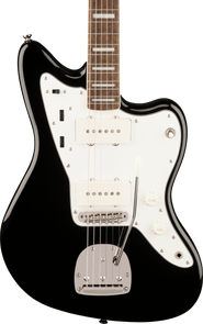 Black electric guitar with a white pickguard, two single-coil pickups, chrome bridge, white control knobs, and a tremolo arm.