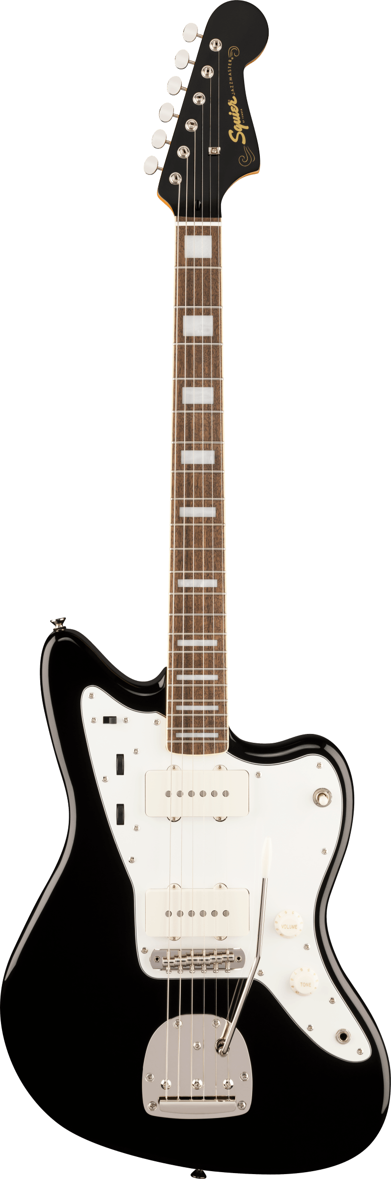 Squier electric guitar, black body, white pickguard, two white pickups, chrome hardware, six tuning pegs on black headstock, rosewood fretboard.