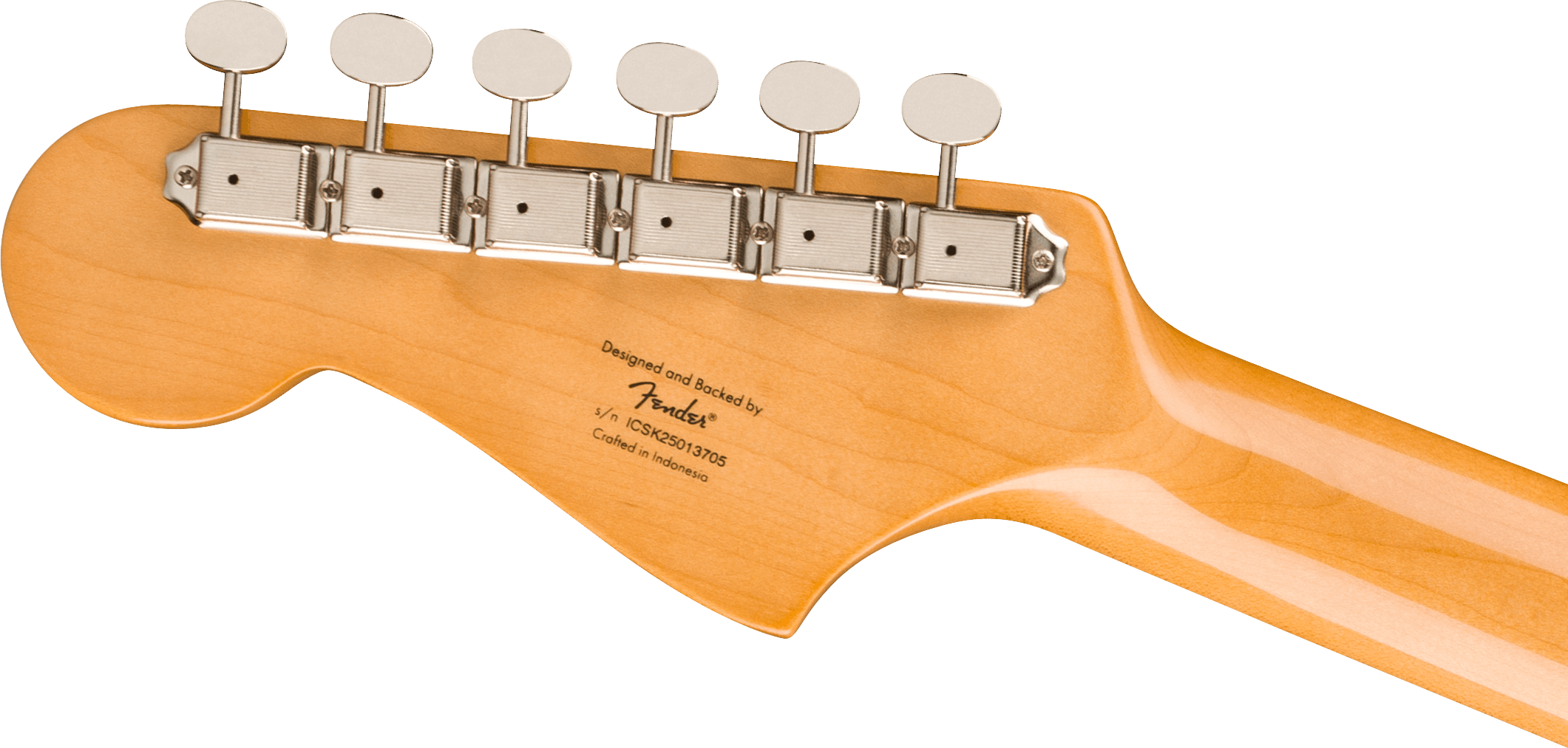 Back of a Fender electric guitar headstock in light wood, featuring six metal tuning pegs and black printed serial and origin info.
