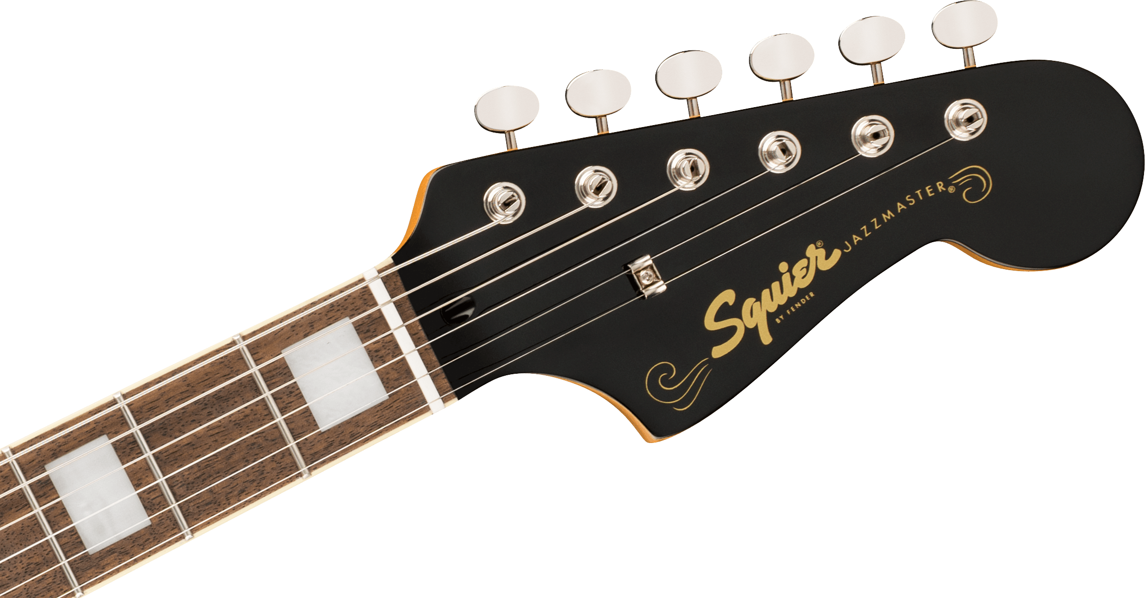 Black headstock of a Squier Jazzmaster electric guitar with six chrome tuning pegs and large pearl inlays on a dark wood fingerboard.