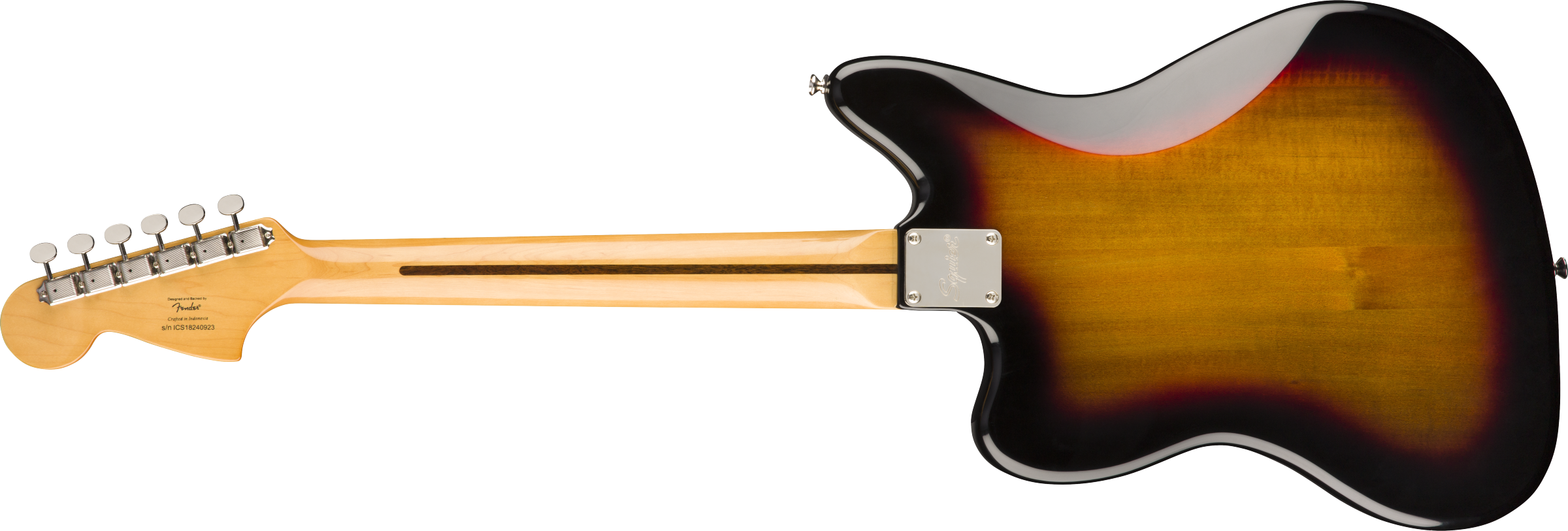 Electric guitar shown from the back, featuring a glossy sunburst finish and a maple neck with six tuning pegs and visible wood grain stripe.