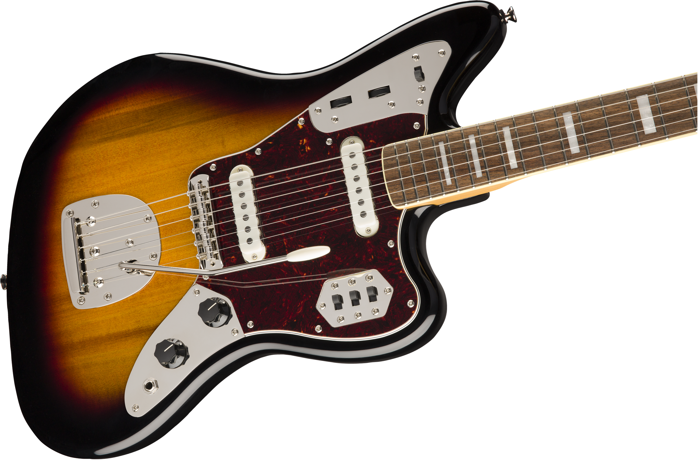 Sunburst electric guitar with chrome hardware, two white single-coil pickups, dark pickguard, multiple switches, and a whammy bar.
