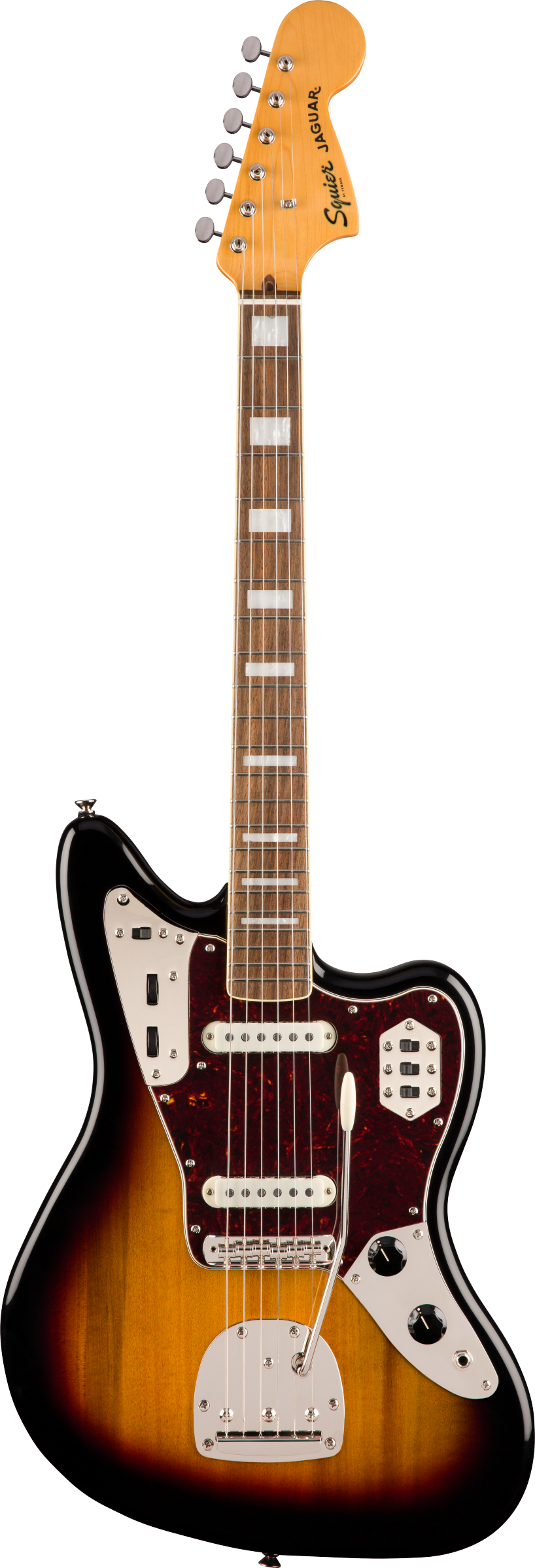 Sunburst Squier Jaguar electric guitar with brown fretboard, offset body, chrome hardware, tremolo arm, and tortoiseshell pickguard.