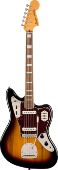 Sunburst Squier Jaguar electric guitar with brown fretboard, offset body, chrome hardware, tremolo arm, and tortoiseshell pickguard.