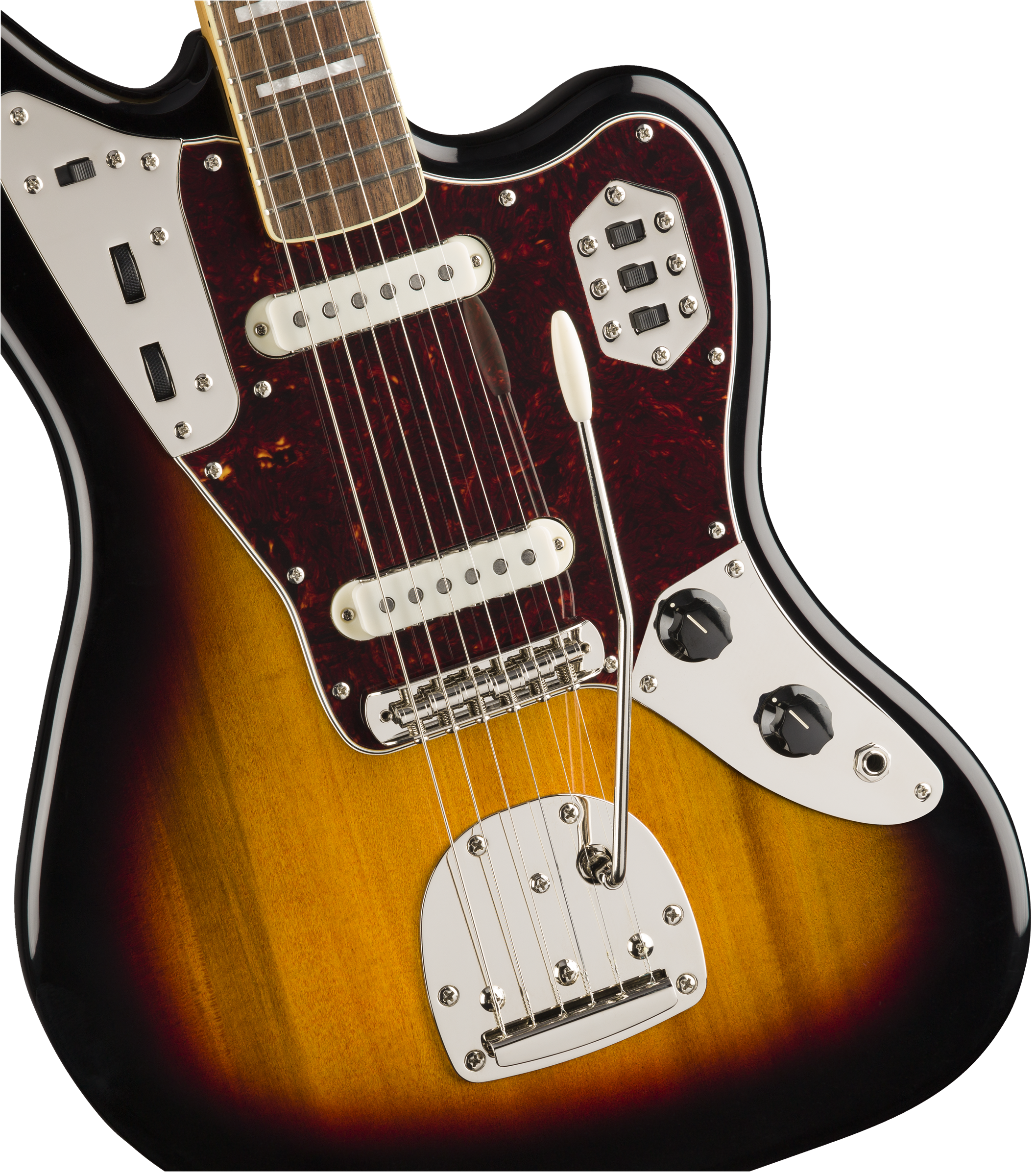 Sunburst electric guitar with a brown pickguard, two white pickups, chrome bridge, black control knobs, and a white-tipped tremolo arm.
