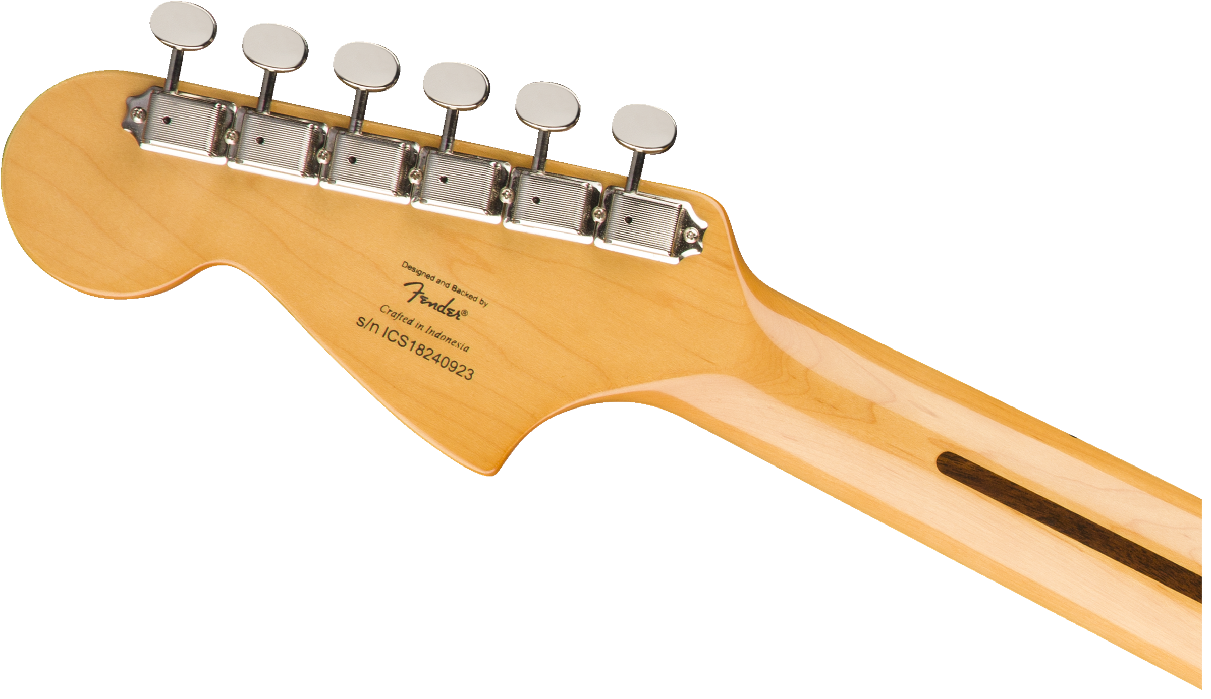 Back of a Fender electric guitar neck showing six tuning pegs, maple wood grain, and a printed serial number with "Crafted in Indonesia."