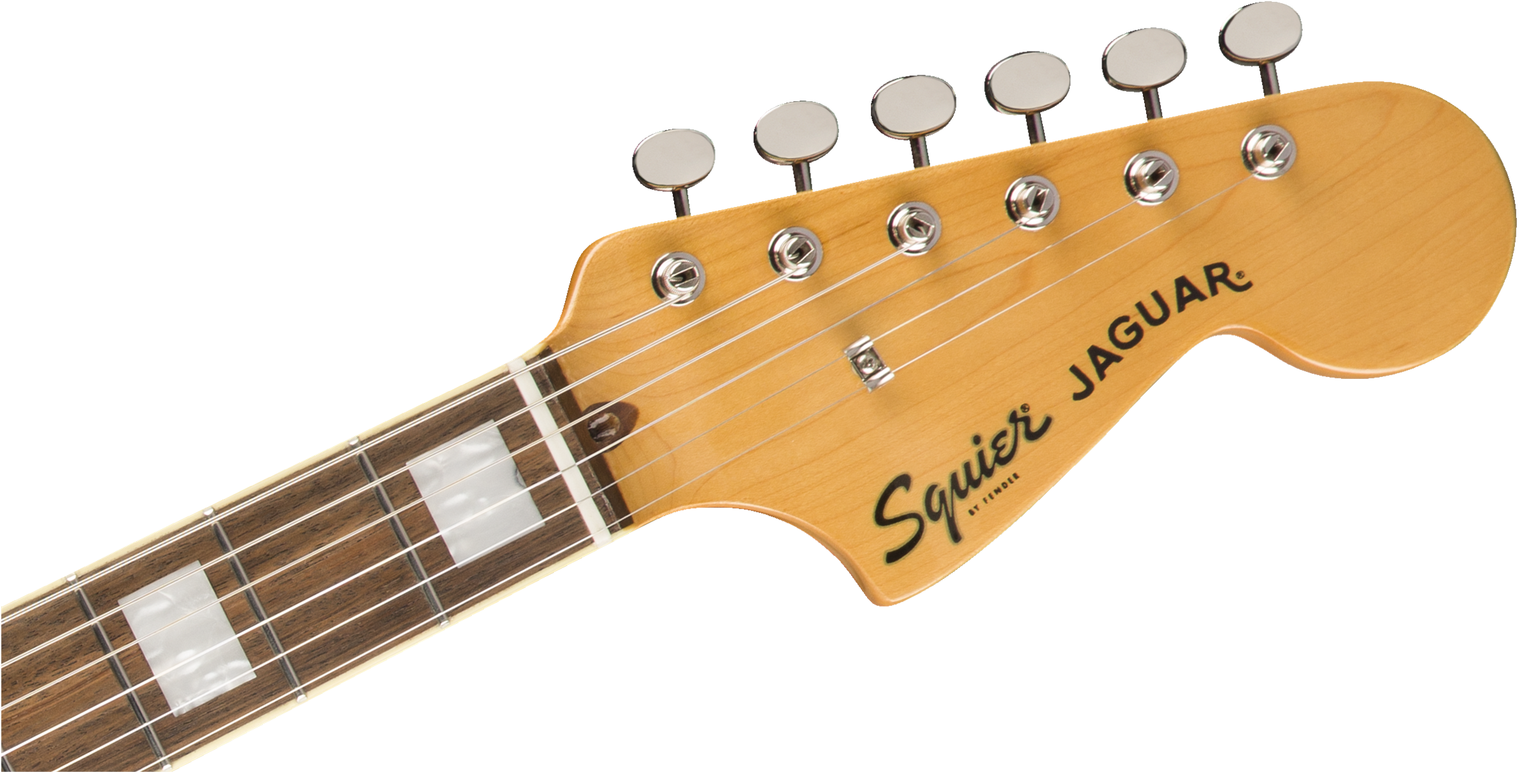 Light wood electric guitar headstock with six silver tuning pegs, Squier Jaguar branding, and part of the rosewood fretboard with block inlays.