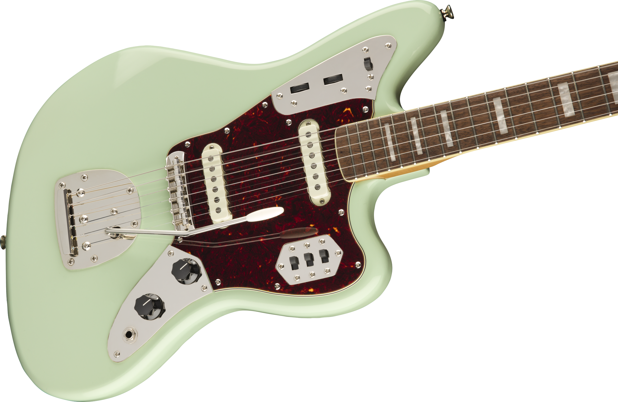 Seafoam green electric guitar with tortoiseshell pickguard, chrome hardware, two single-coil pickups, multiple switches, and a rosewood fretboard.